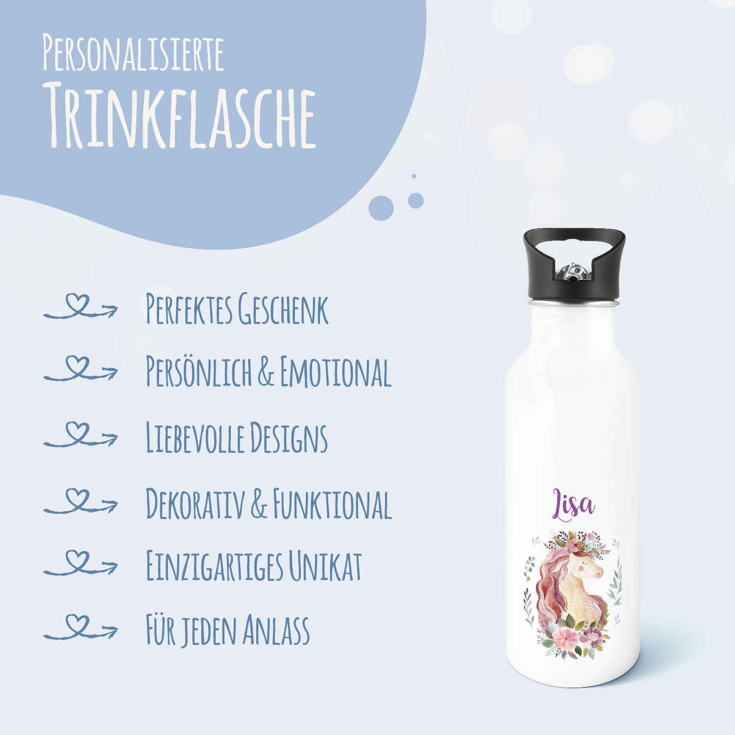 Bedruckte Trinkflasche aus Edelstahl - Einhorn V2