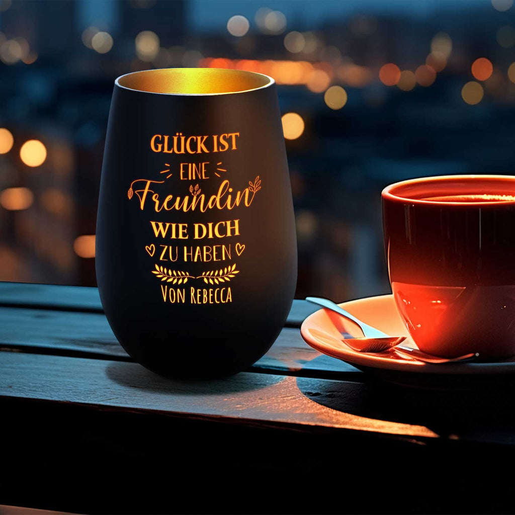 Deko Windlicht aus Glas mit Gravur - Glück ist eine Freundin wie Dich zu haben - Personalisiert mit