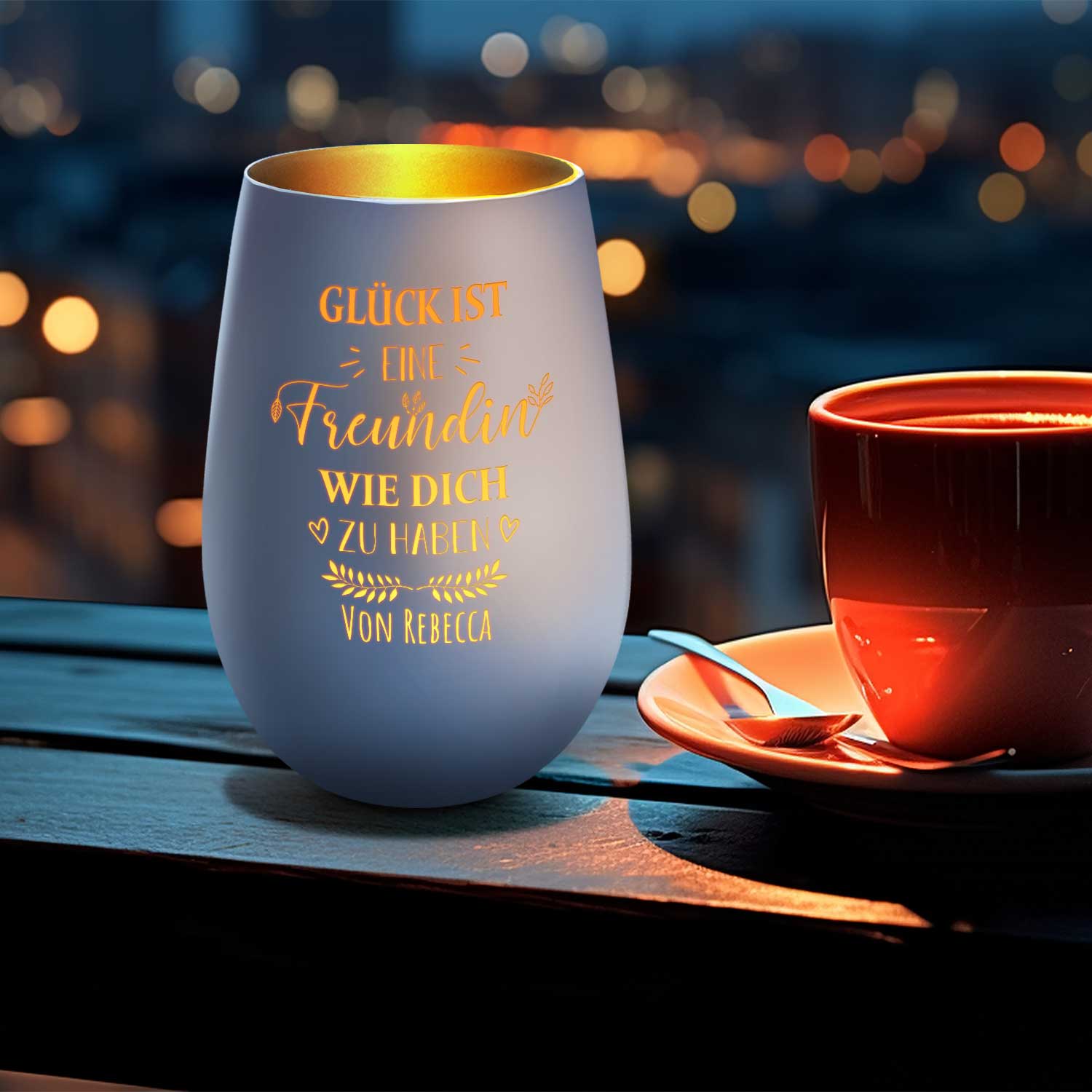 Deko Windlicht aus Glas mit Gravur - Glück ist eine Freundin wie Dich zu haben - Personalisiert mit