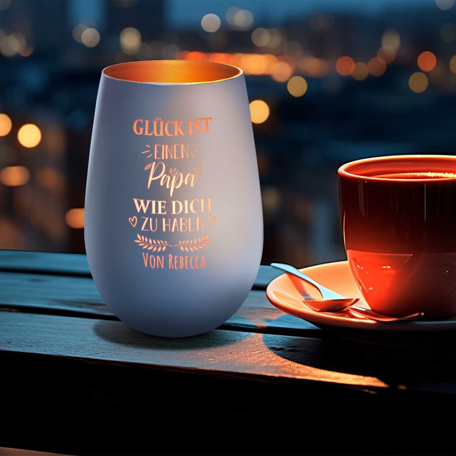 Deko Windlicht aus Glas mit Gravur - Glück ist einen Papa wie Dich zu haben - Personalisiert mit Nam