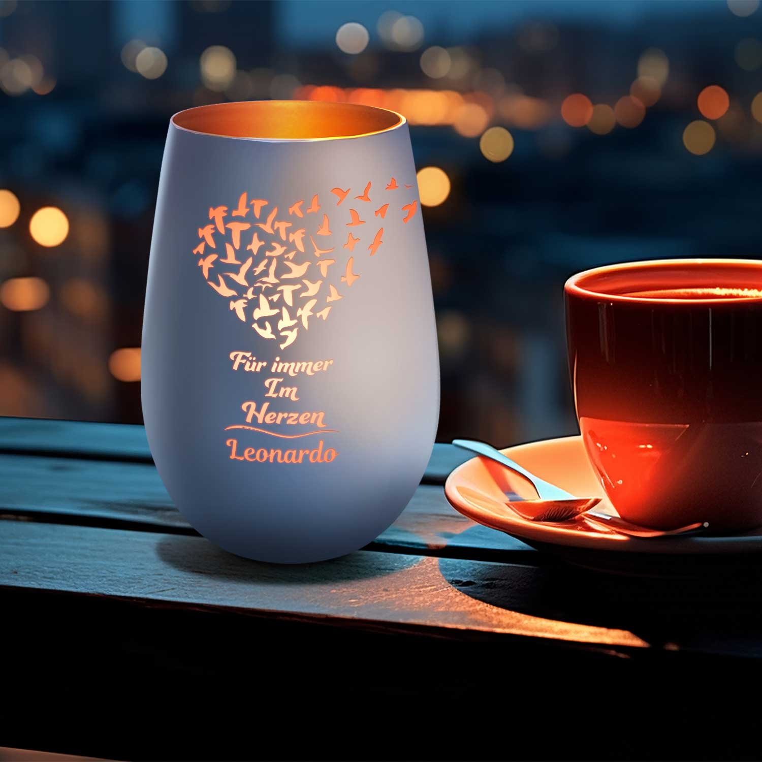 Deko Windlicht aus Glas mit Gravur - Für Immer im Herzen - Personalisiert mit Namen - Trauerlicht