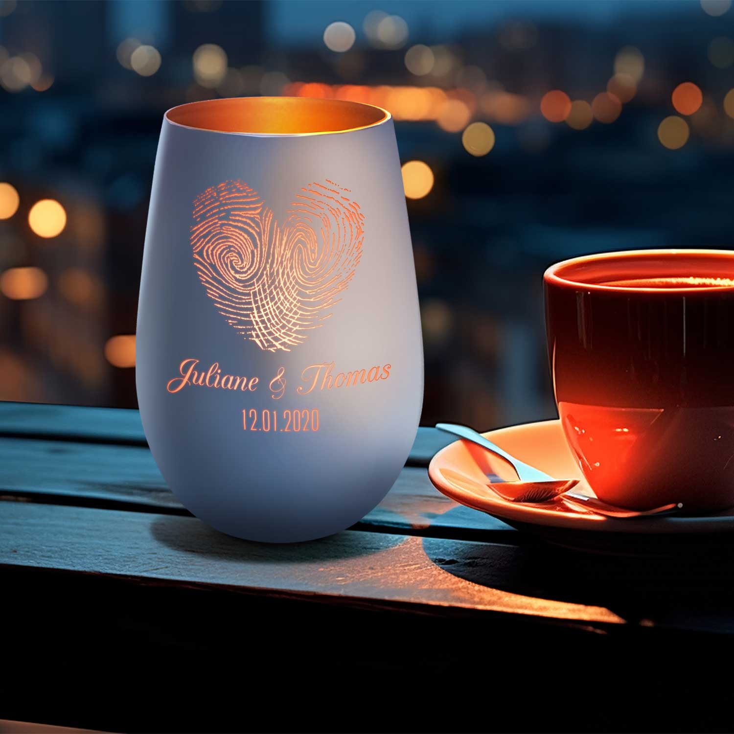 Deko Windlicht aus Glas mit Gravur - Herz Fingerabdruck - Personalisiert mit Namen & Datum