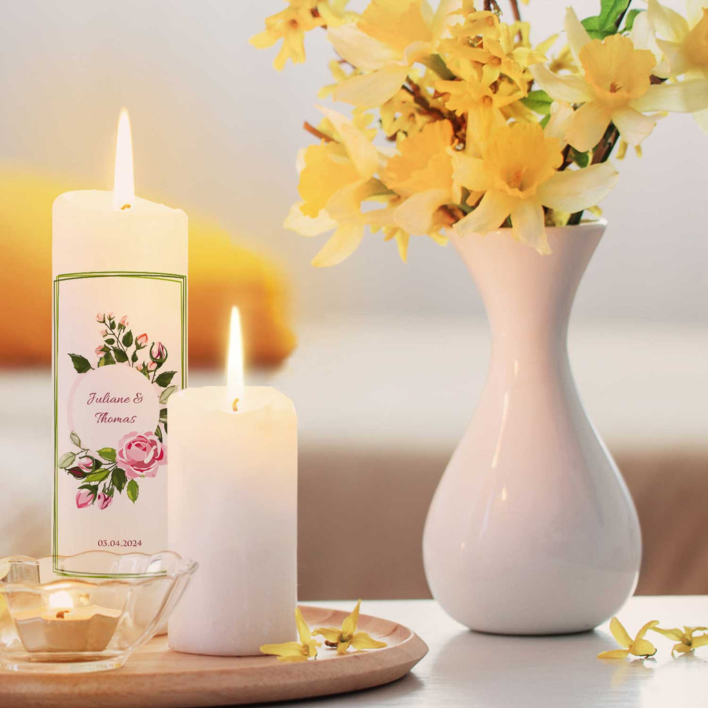 Große Kerze "Green Flower" - Hochzeitskerze mit Namen, Datum & Wunschtext