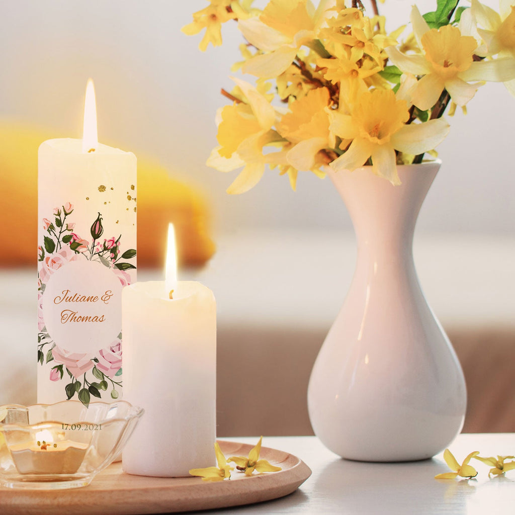 Große Kerze "Summer & Flower" - Hochzeitskerze mit Namen, Datum & Wunschtext