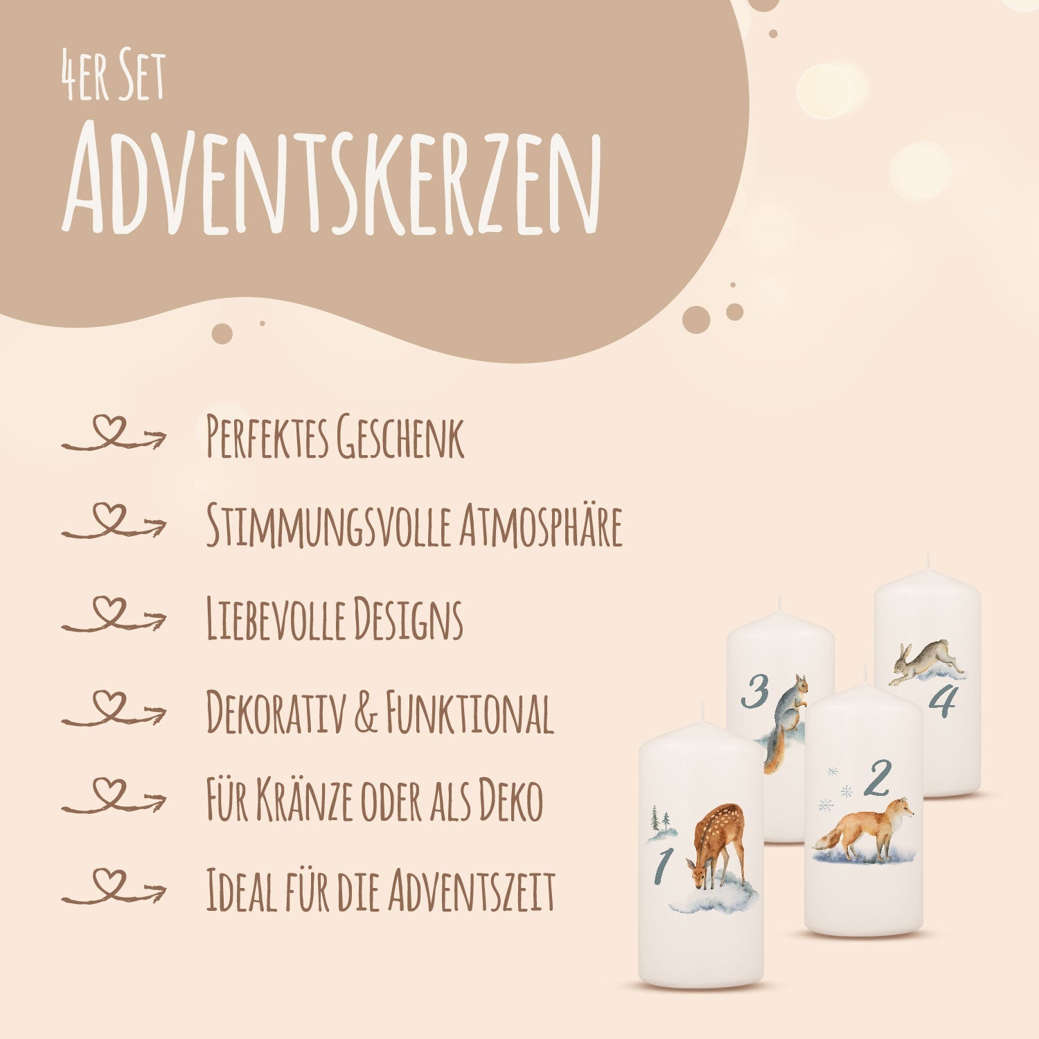 Kleine Kerzen "Advent Wintertiere Aquarell" - Adventskerzen im 4er Set