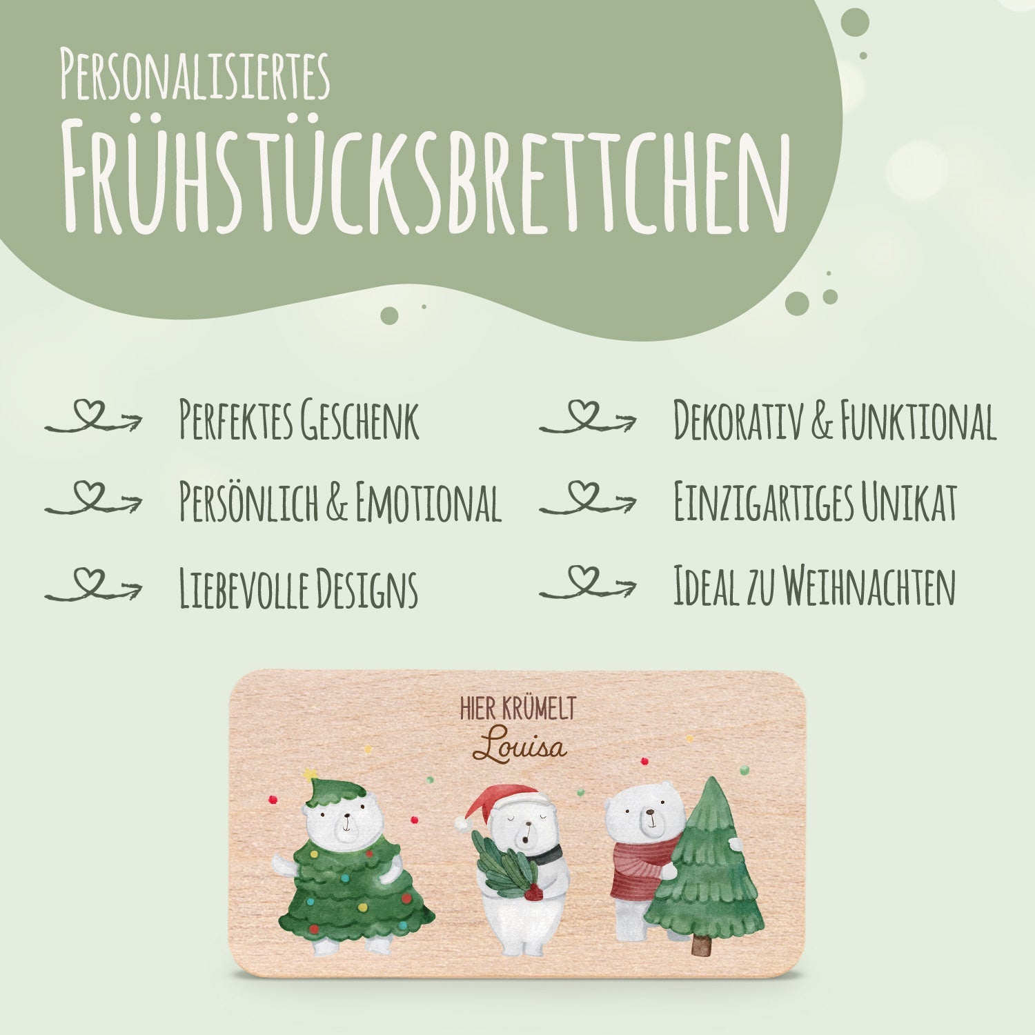 Frühstücksbrettchen zu Weihnachten - Eisbären - personalisiert mit Name