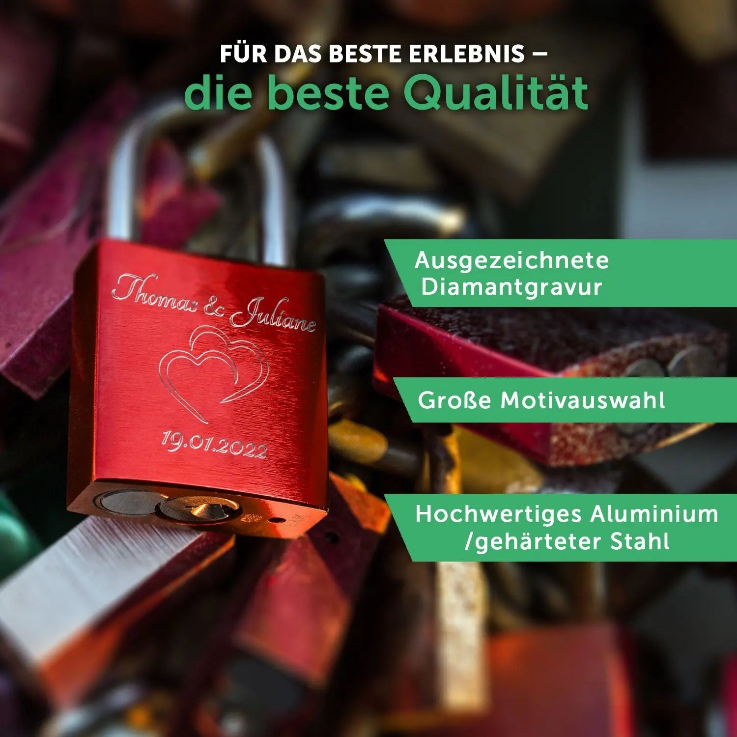 Liebesschloss in Gelb mit Gravur