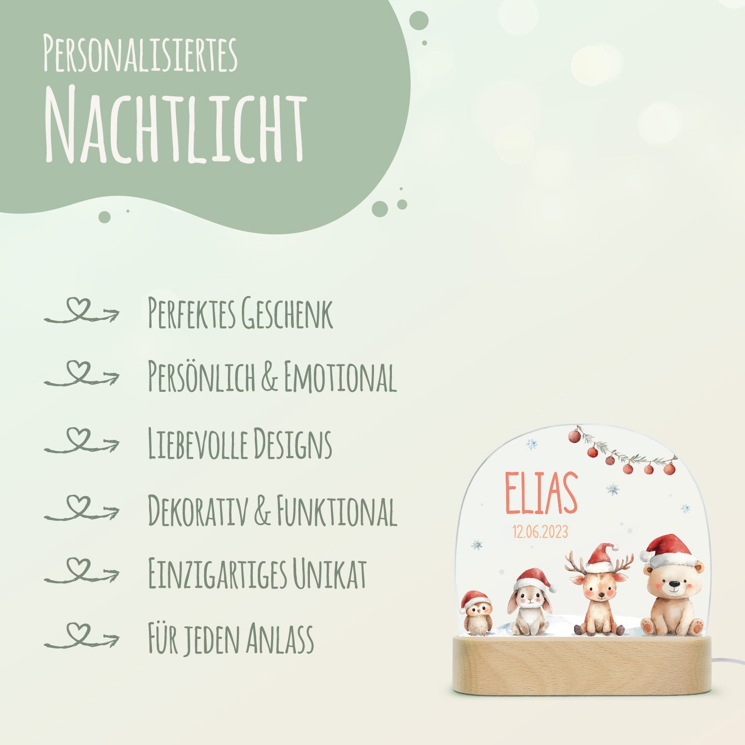Kinder LED Nachtlicht mit Sockel aus Holz - "Schneetiere"