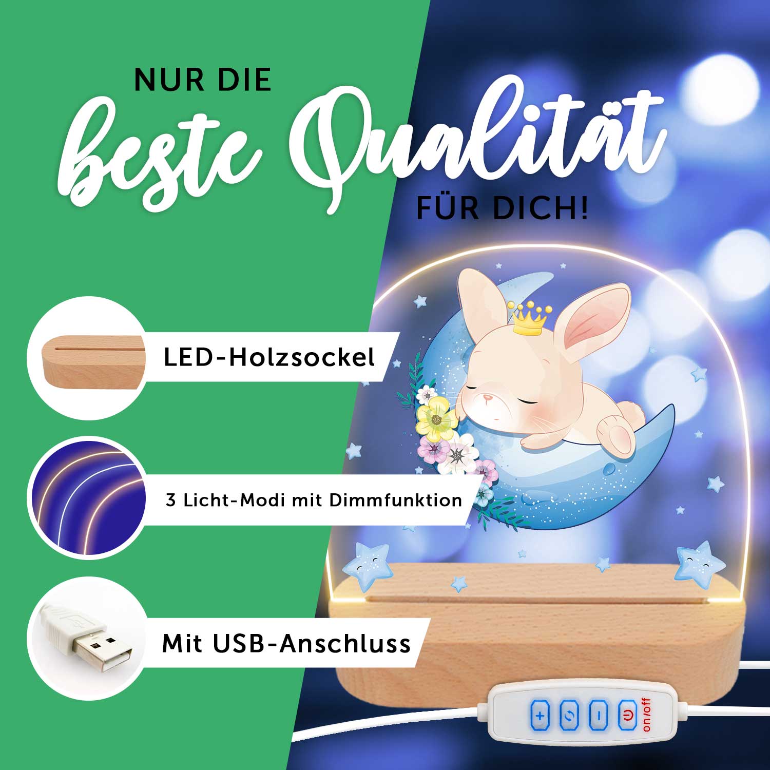Kinder LED Nachtlicht mit Sockel aus Holz - "Mond Tiere"