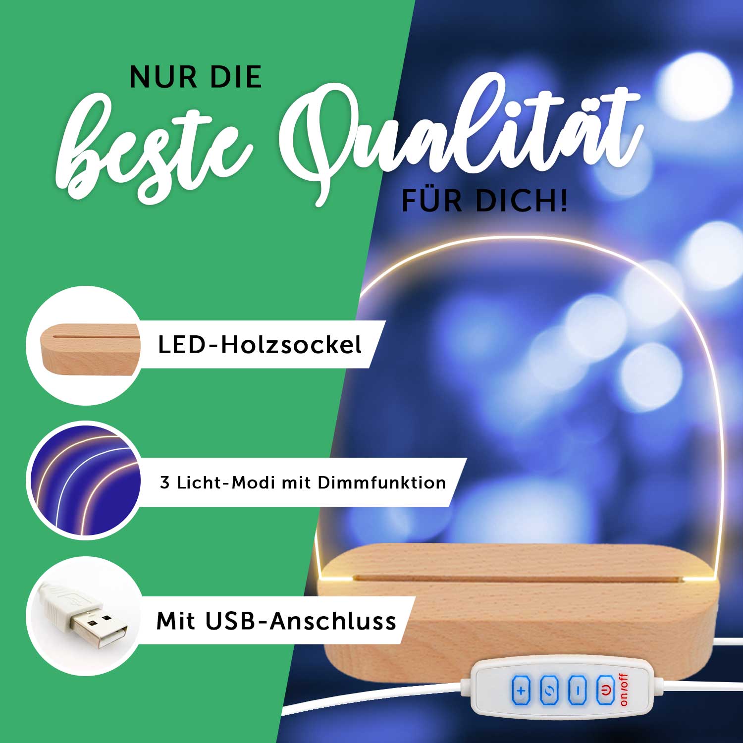 Kinder LED Nachtlicht mit Sockel aus Holz - "Initial Tiere"