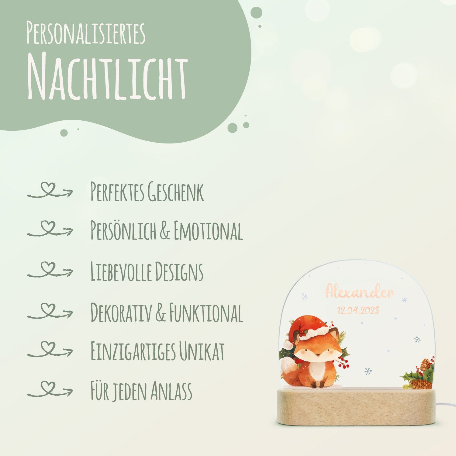 Kinder LED Nachtlicht mit Sockel aus Holz - "Weihnachtstiere"