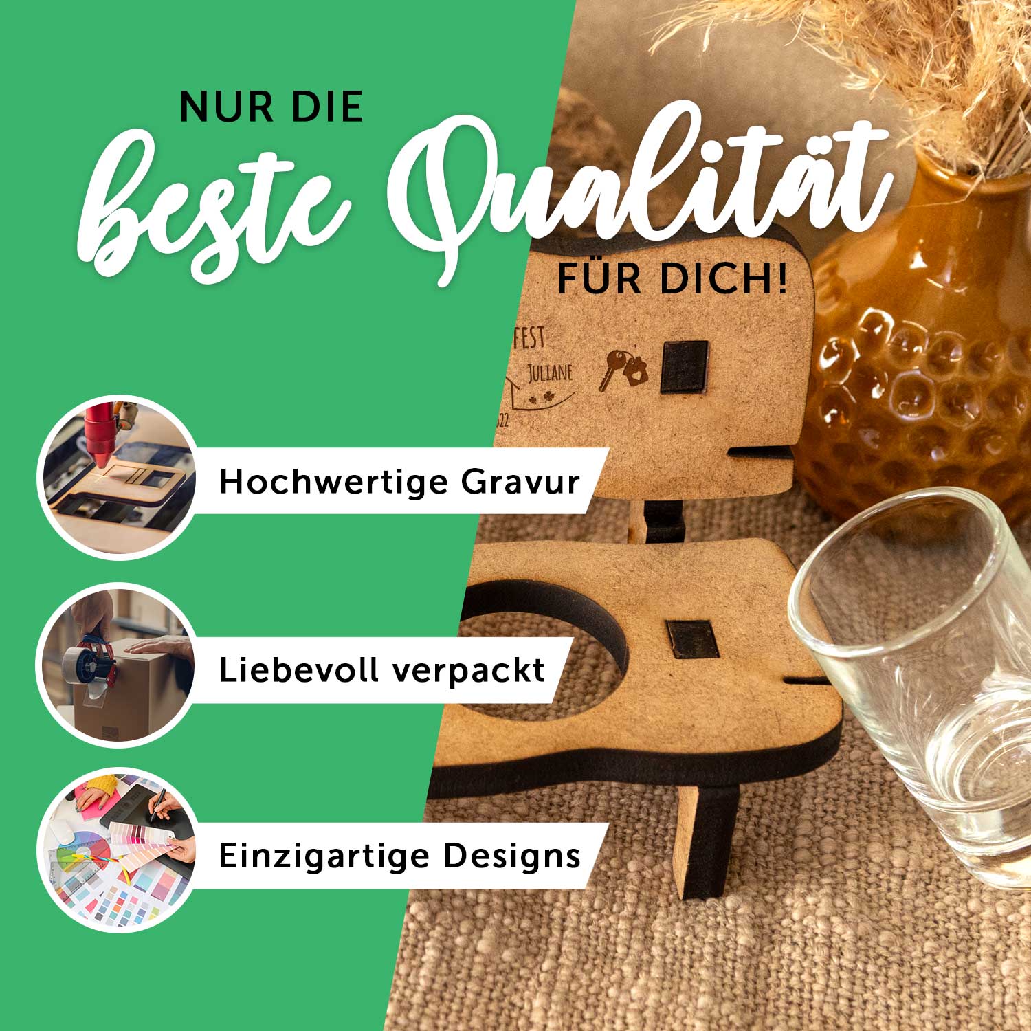 Gravierte Schnapsbank mit Name im Beste Mama Design + 2 Schnapsgläser