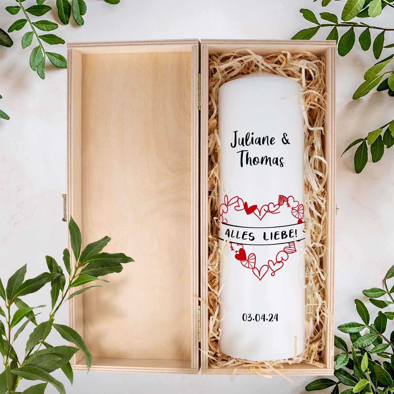 Große Kerze "Alles Liebe" - Hochzeitskerze mit Namen, Datum & Wunschtext
