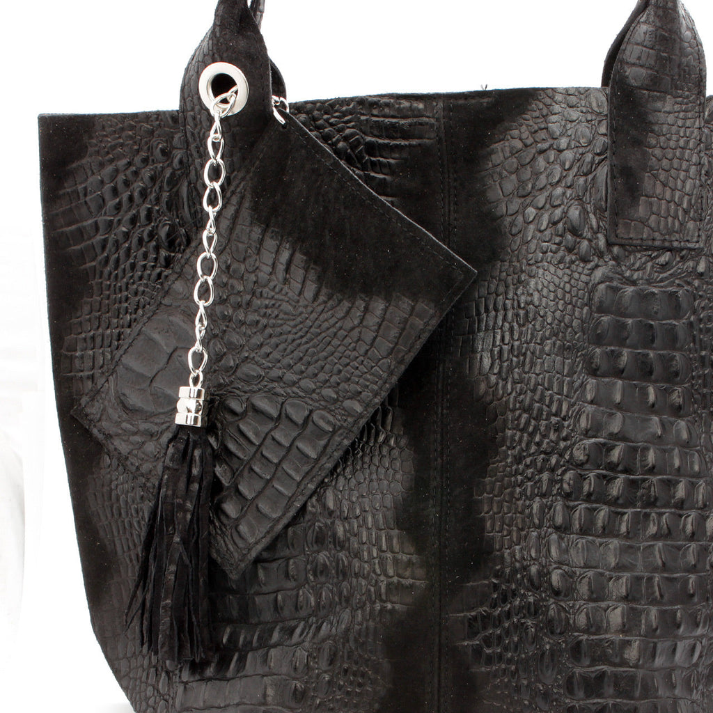 Leder Beutel Tasche Krokooptik Schwarz