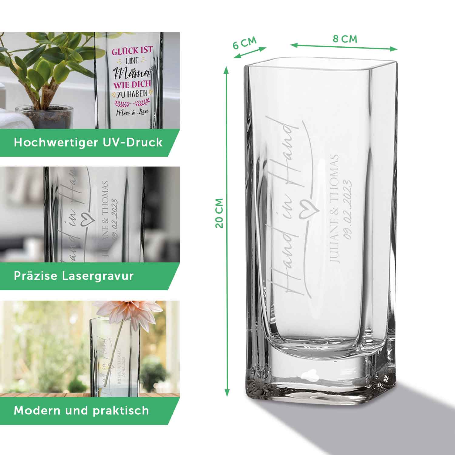 Blumenvase mit UV Druck - Glück ist - Personalisiert mit Namen - Deko Vase als Geschenk