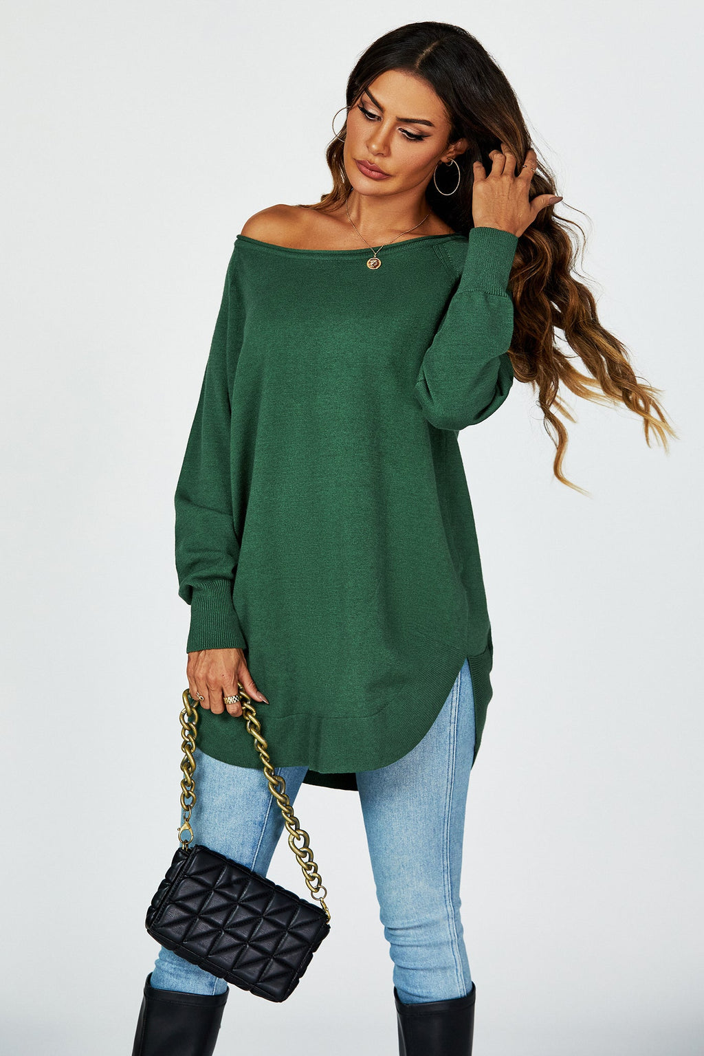 Oversize Knitted Jumper Top In Darkgreen