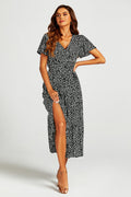 Printed Hem Tiered Wrap Neckline Midi Dress with Split Leg in Black
