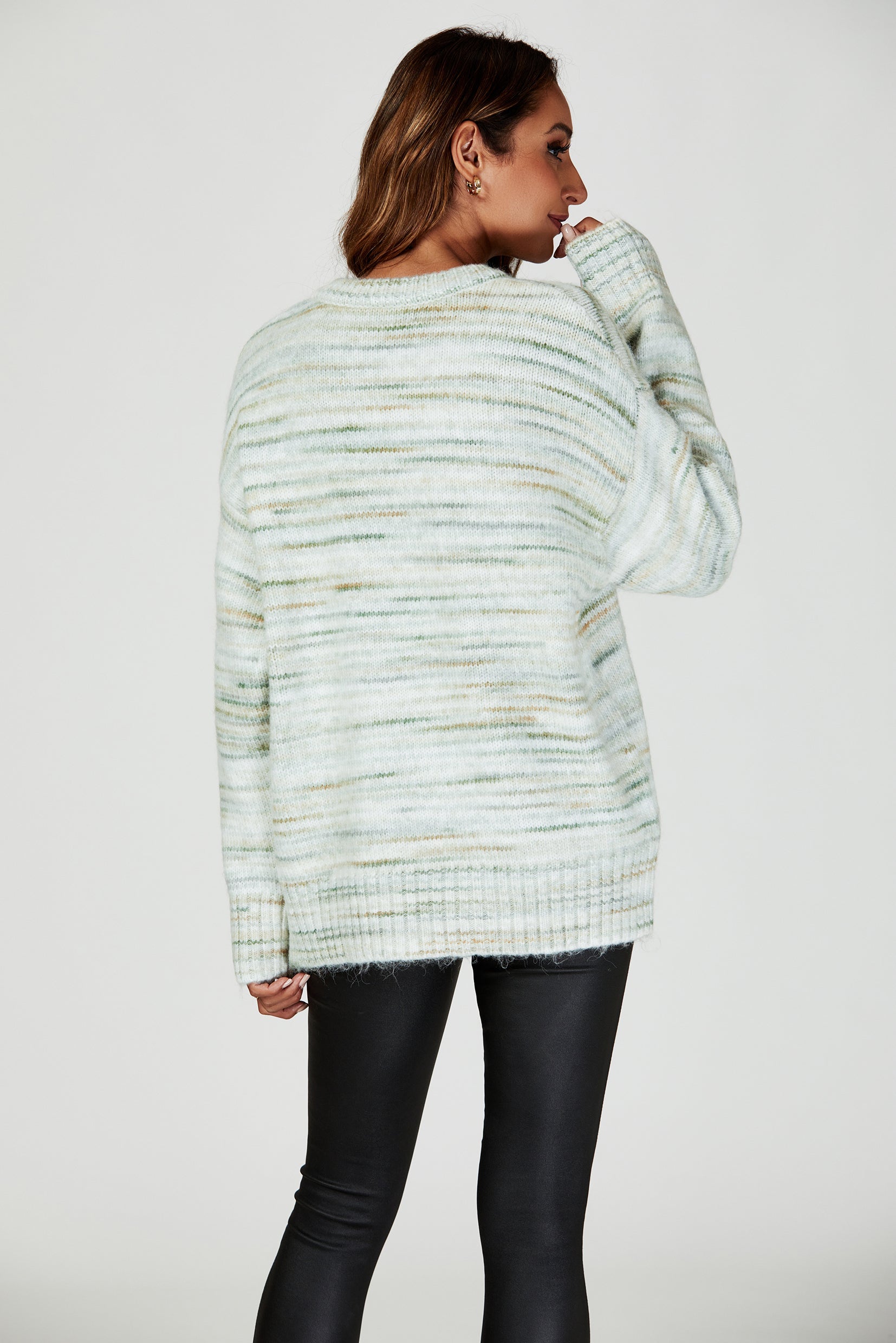 Relaxed Multi Knitted V Neck Jumper in Green und Cream