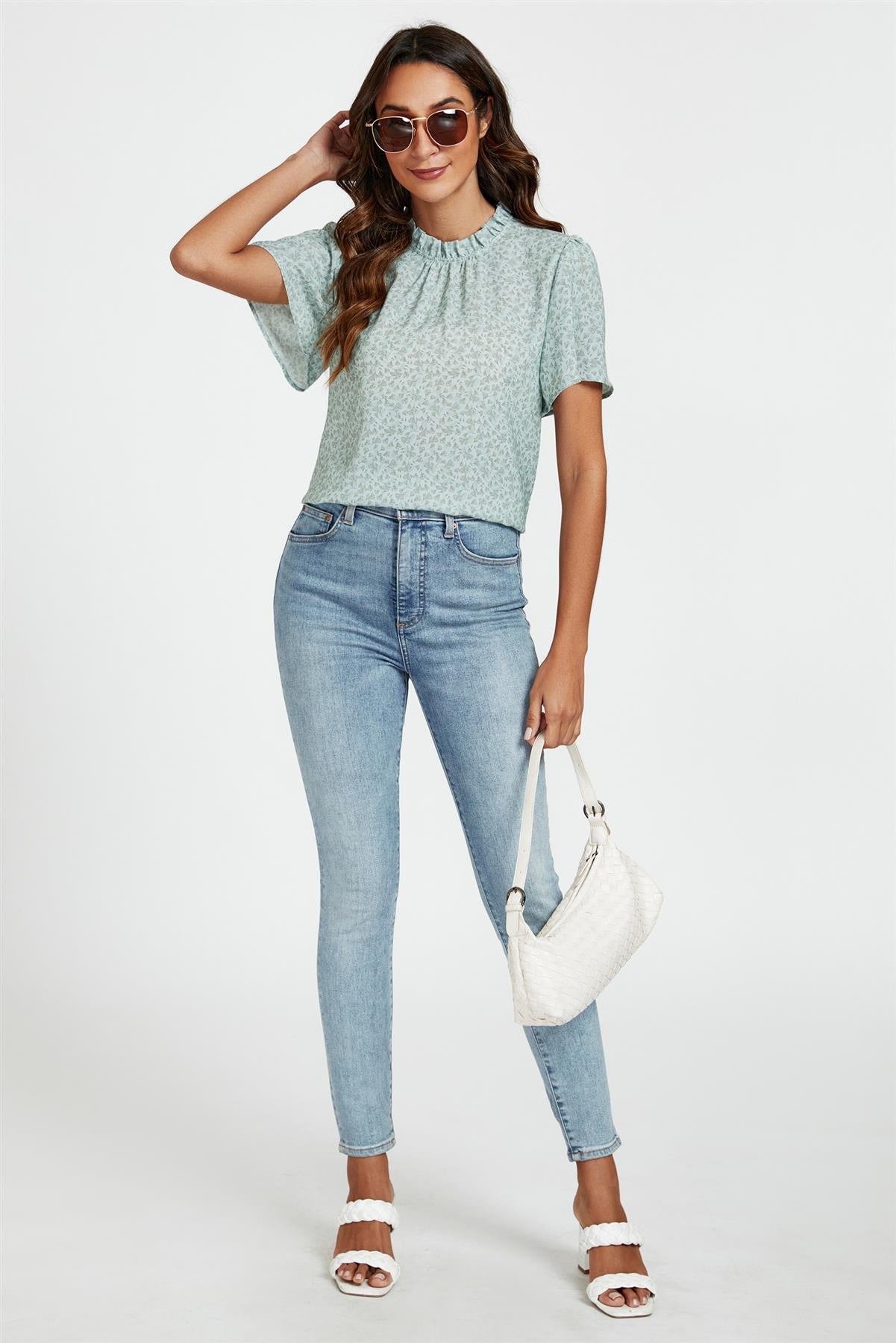 Grey Little Floral Print Angle Sleeve High Neck Top/Blouse In Blue