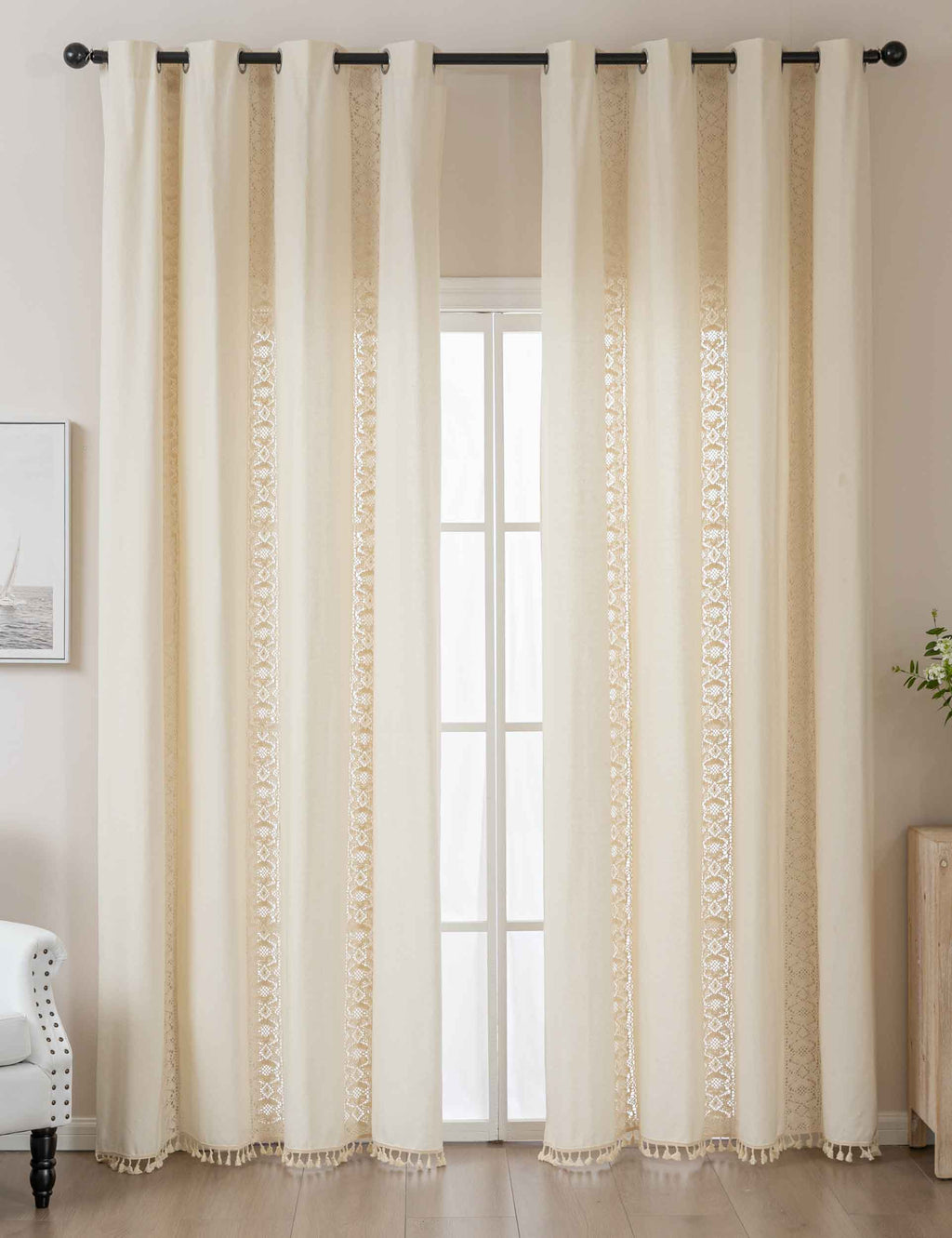 2er Set Vorhang Ösen »Osaka« HxB 245x140 cm Creme 100% Baumwolle Linenlook Makrameespitze Bommeln Raffhalter Gardinen