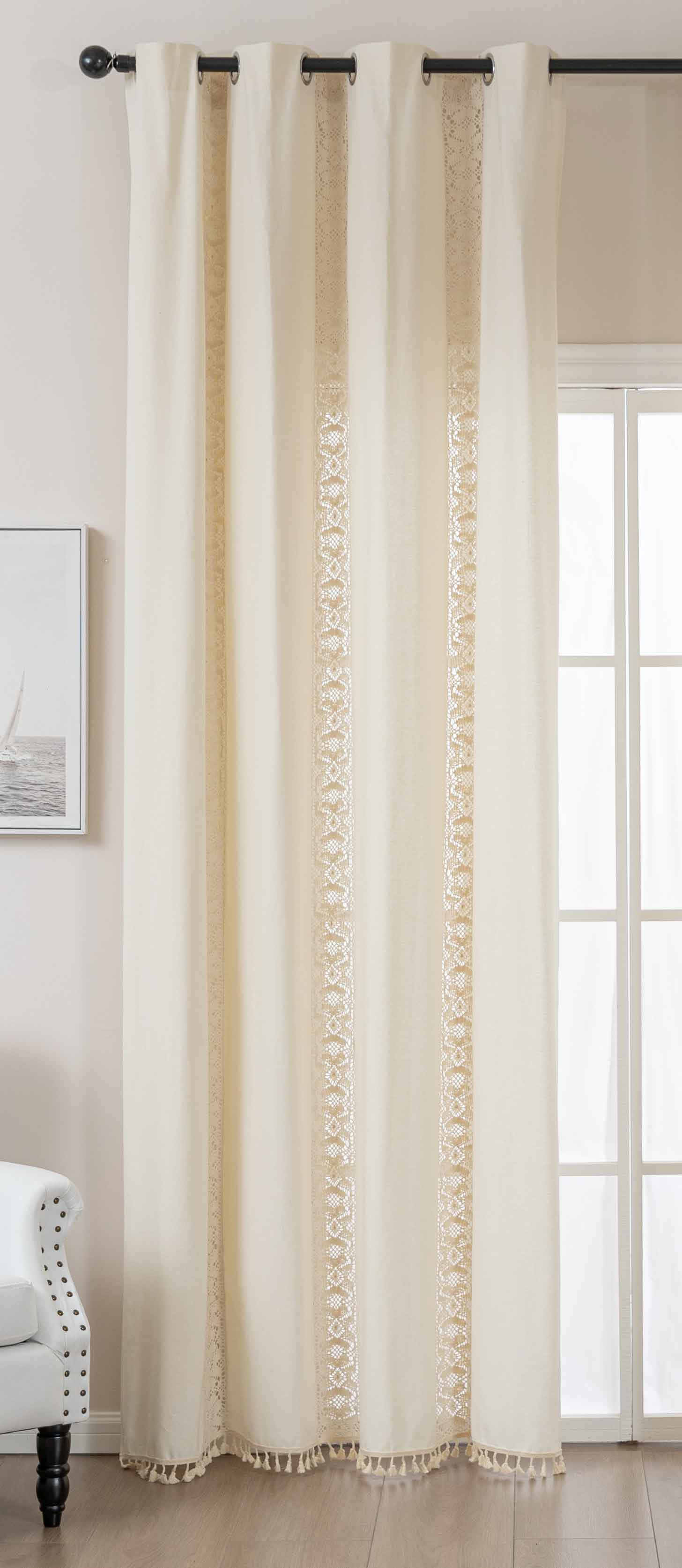 Vorhang Ösen »Osaka« HxB 245x140 cm Creme 100% Baumwolle Linenlook Makrameespitze Bommeln Raffhalter