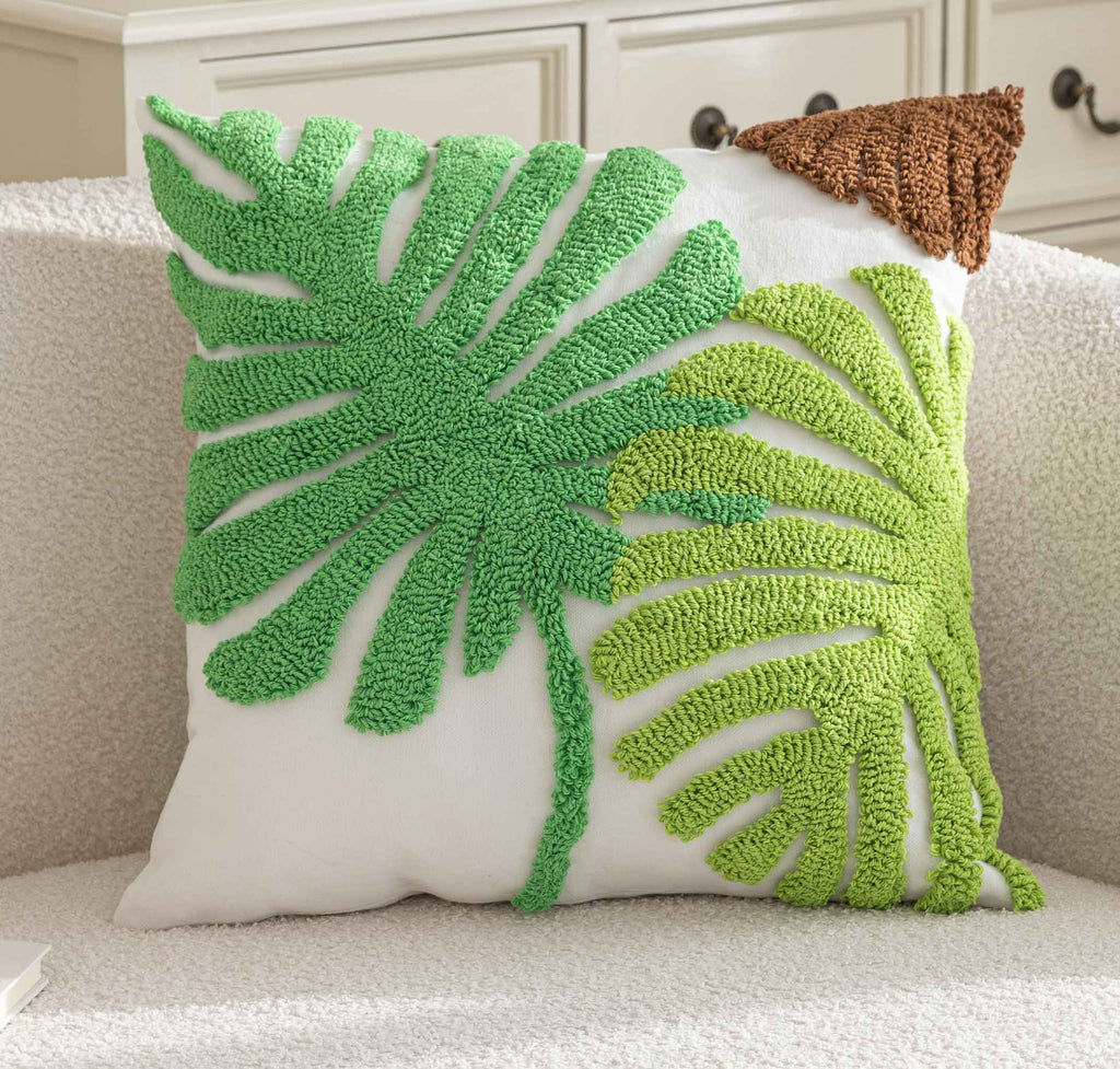 Kissenhülle  »Cottbus« LxB 45x45 cm Grün Frottee-Stickerei 100% Baumwolle Monstera Blattmuster hochwertiger Leinenstoff 202490K