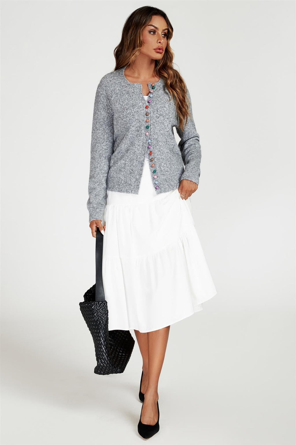 Rainbow Buttons Cardigan In Grey