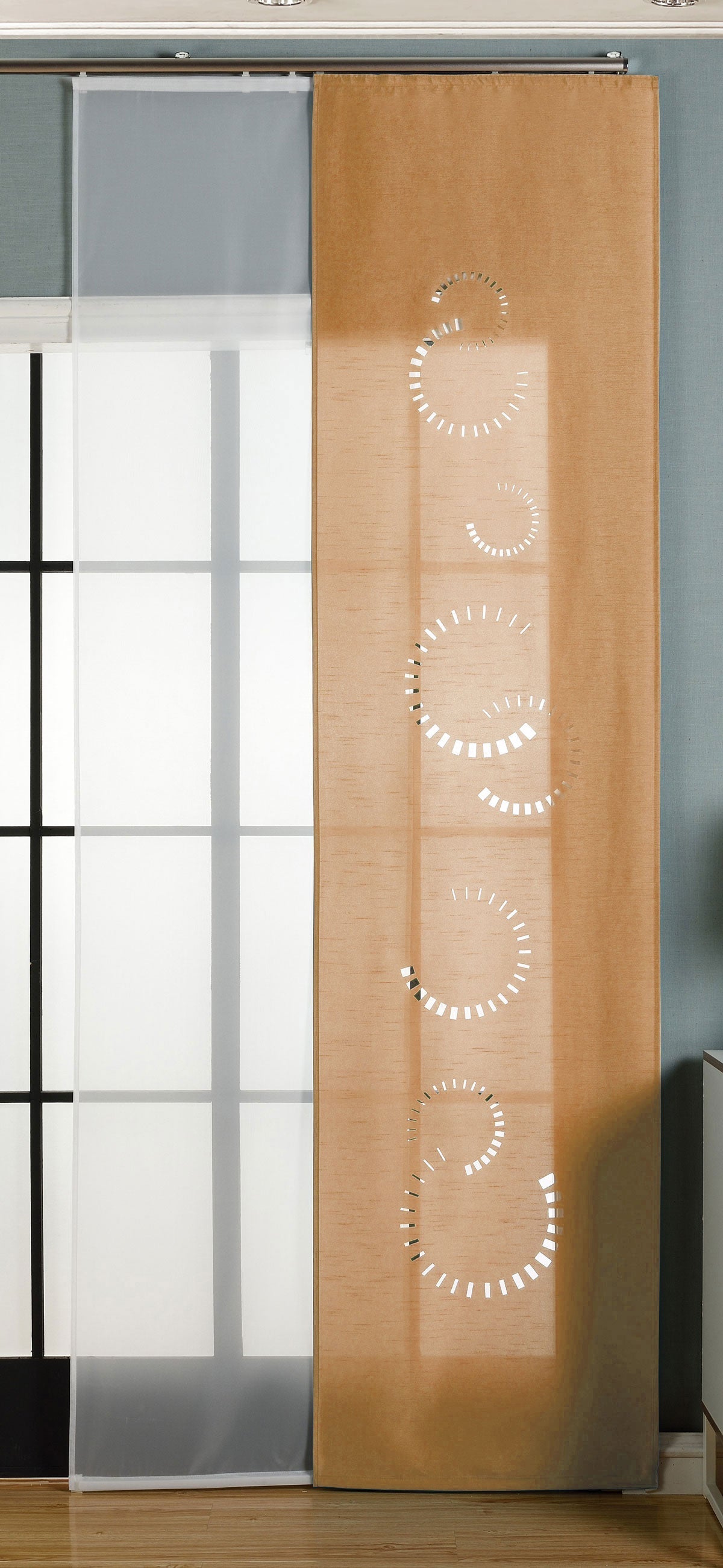 2er-Pack Schiebegardine Flächenvorhang Avila Lasercut Wildseide Optik Voile  cm (HxB) inkl. Paneelwagen und Beschwerungsstangen 165610