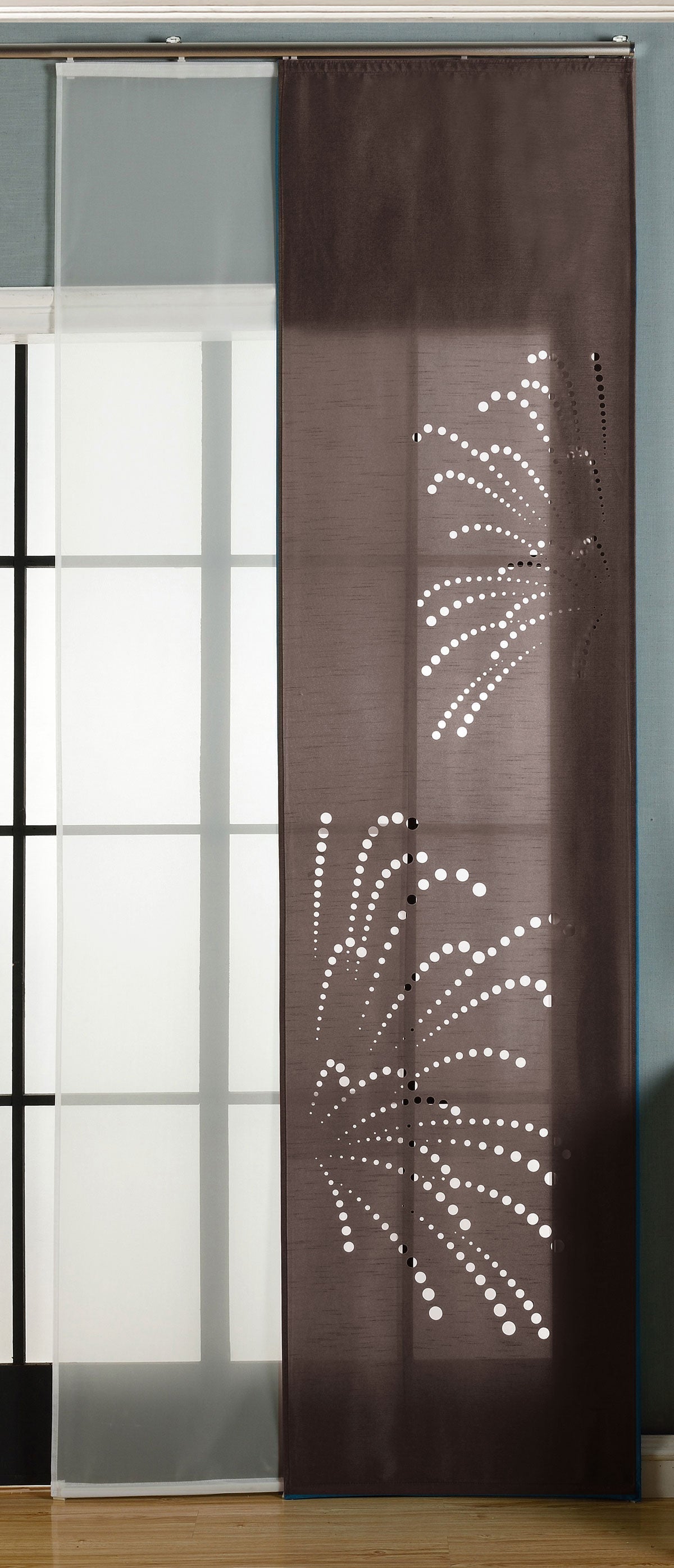 2er-Pack Schiebegardine Flächenvorhang Rodez Lasercut Wildseide Optik Voile  cm (HxB) inkl. Paneelwagen und Beschwerungsstangen 165640