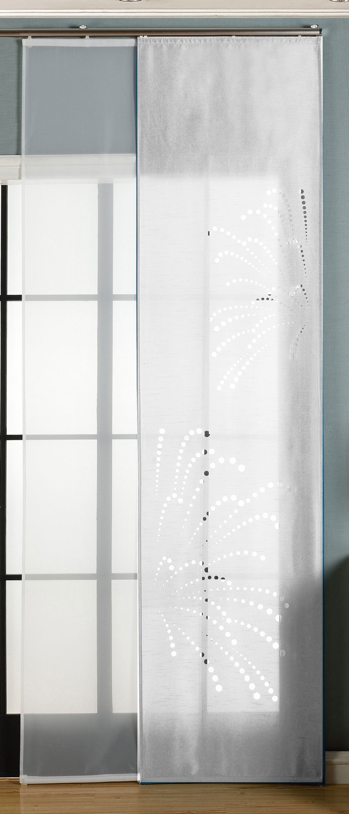 2er-Pack Schiebegardine Flächenvorhang Rodez Lasercut Wildseide Optik Voile  cm (HxB) inkl. Paneelwagen und Beschwerungsstangen 165640