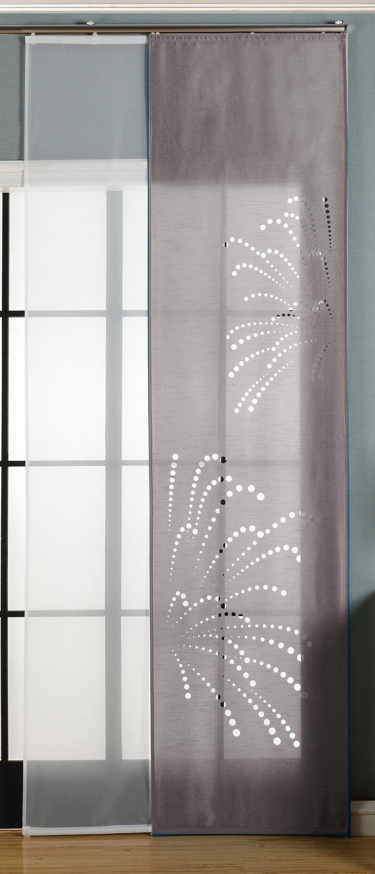 2er-Pack Schiebegardine Flächenvorhang Rodez Lasercut Wildseide Optik Voile  cm (HxB) inkl. Paneelwagen und Beschwerungsstangen 165640