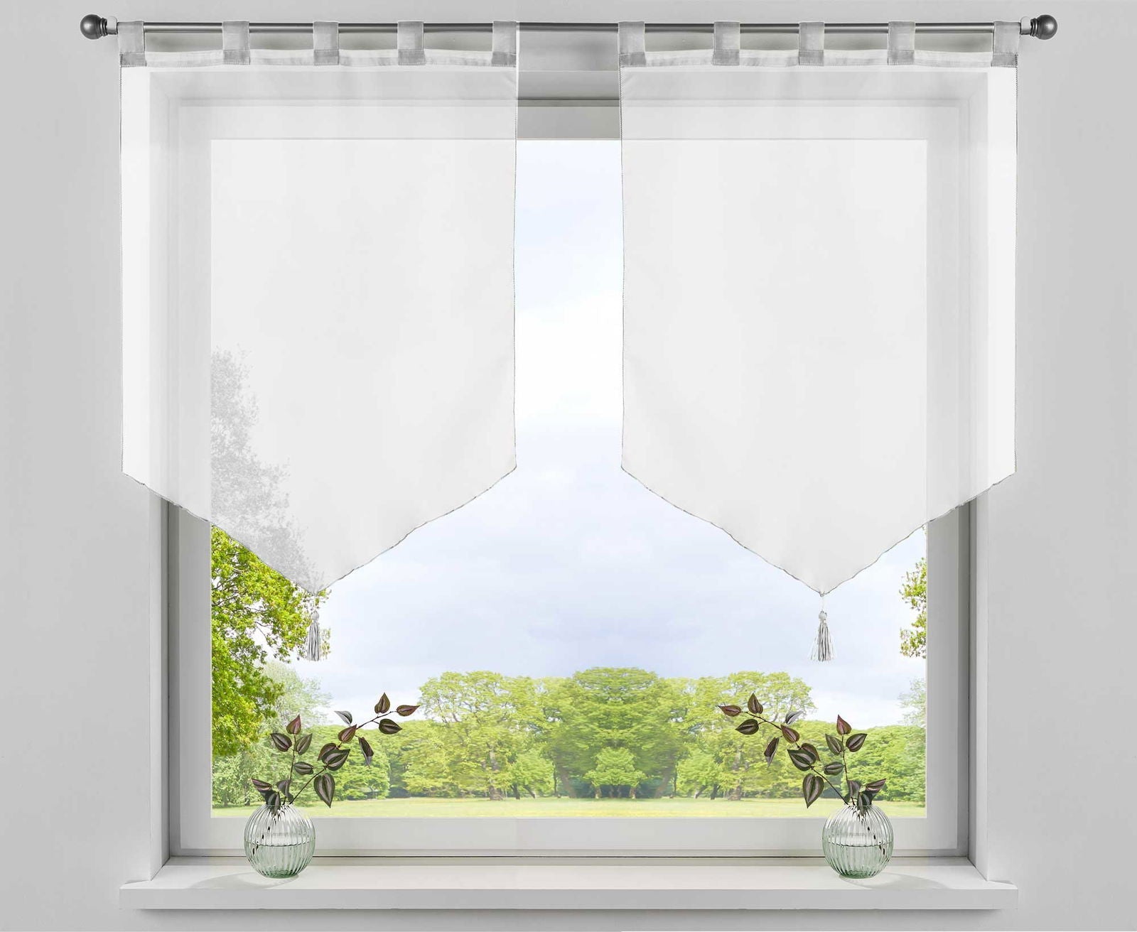 2er Pack Scheibengardinen »LYON« Quaste Modern Zeitlos Voile Küchenfenster Sichtschutz Scheibenhänger Spitzpanneaux 10000333-2