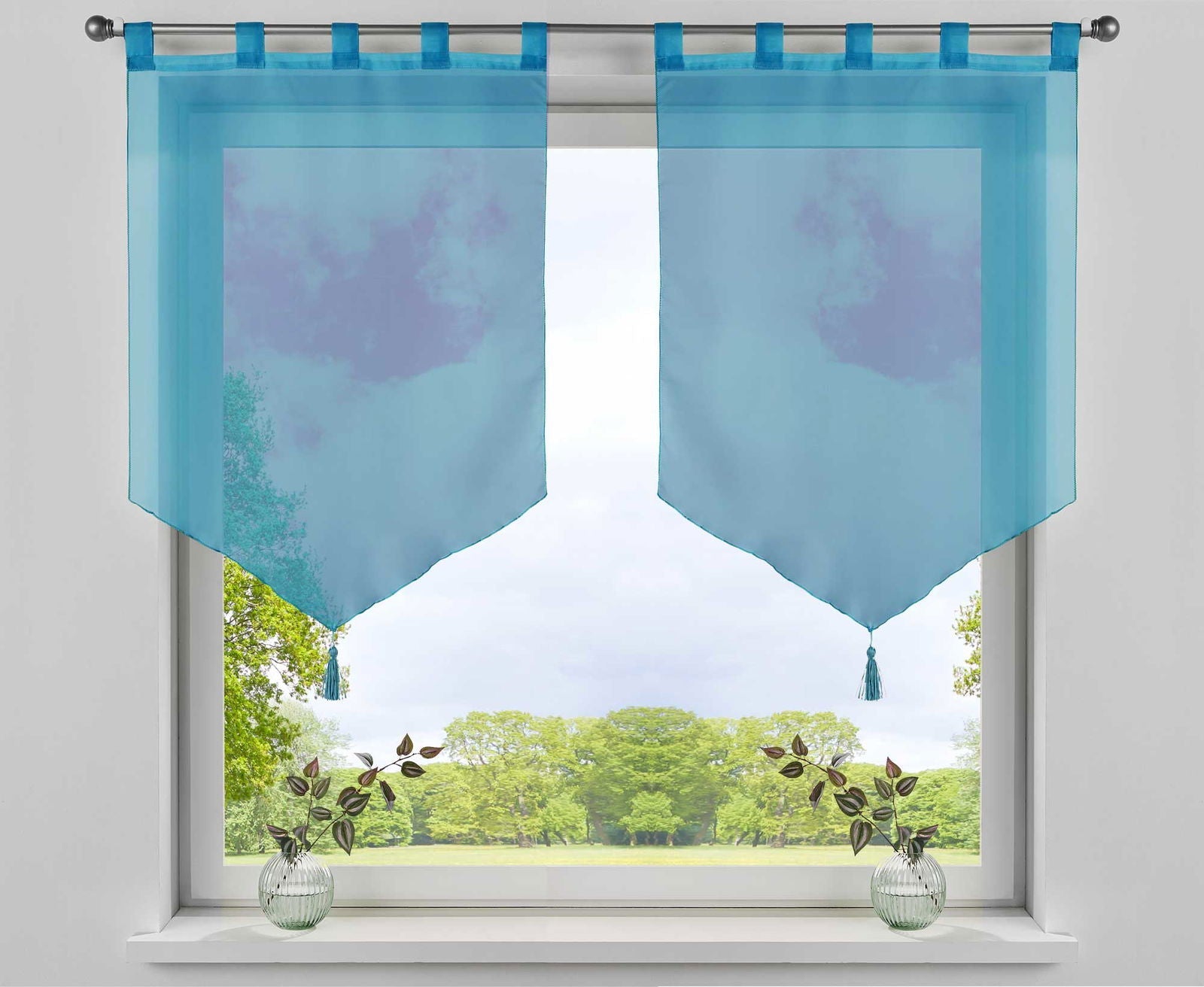 2er Pack Scheibengardinen »LYON« Quaste Modern Zeitlos Voile Küchenfenster Sichtschutz Scheibenhänger Spitzpanneaux 10000333-2