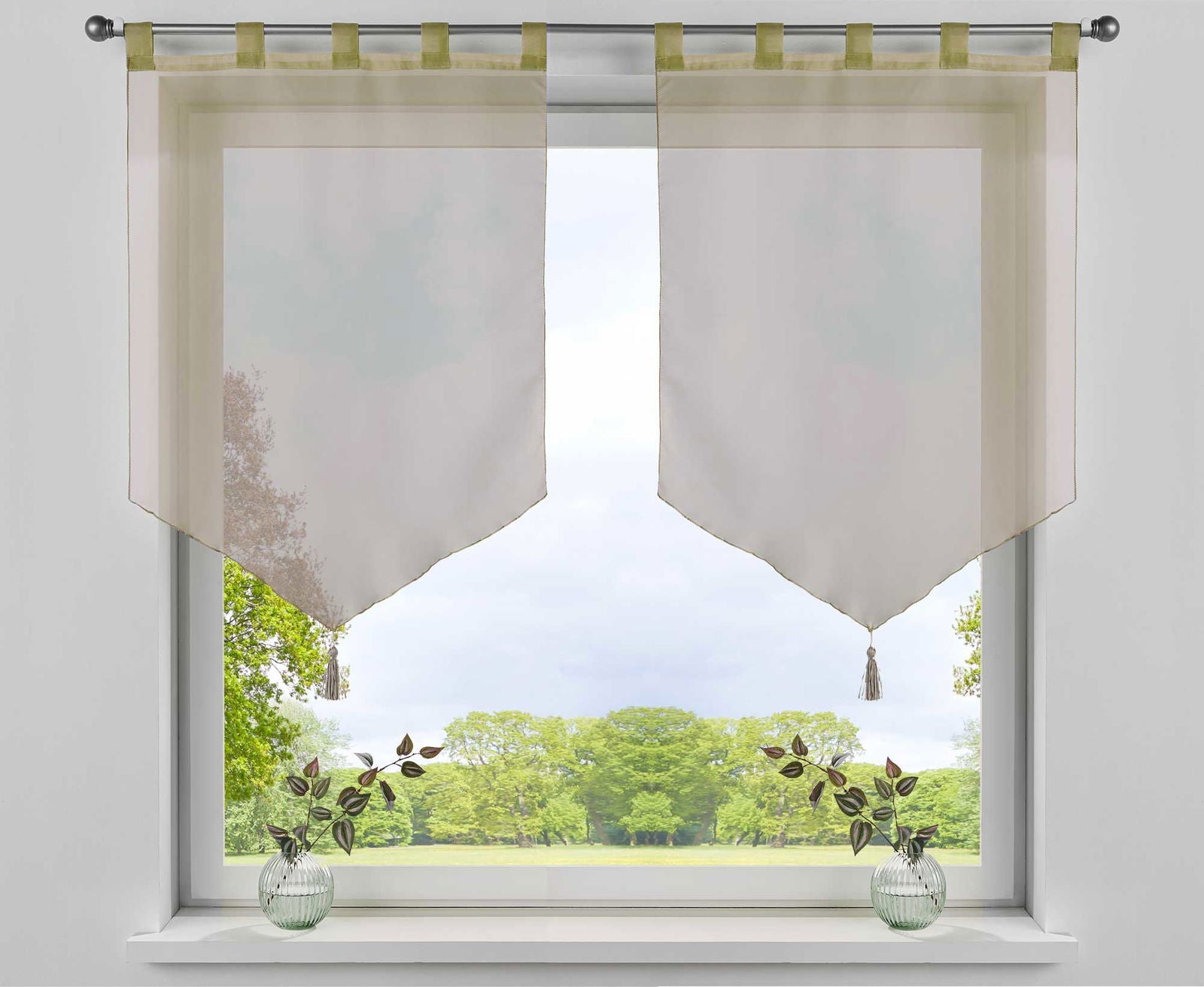 2er Pack Scheibengardinen »LYON« Quaste Modern Zeitlos Voile Küchenfenster Sichtschutz Scheibenhänger Spitzpanneaux 10000333-2