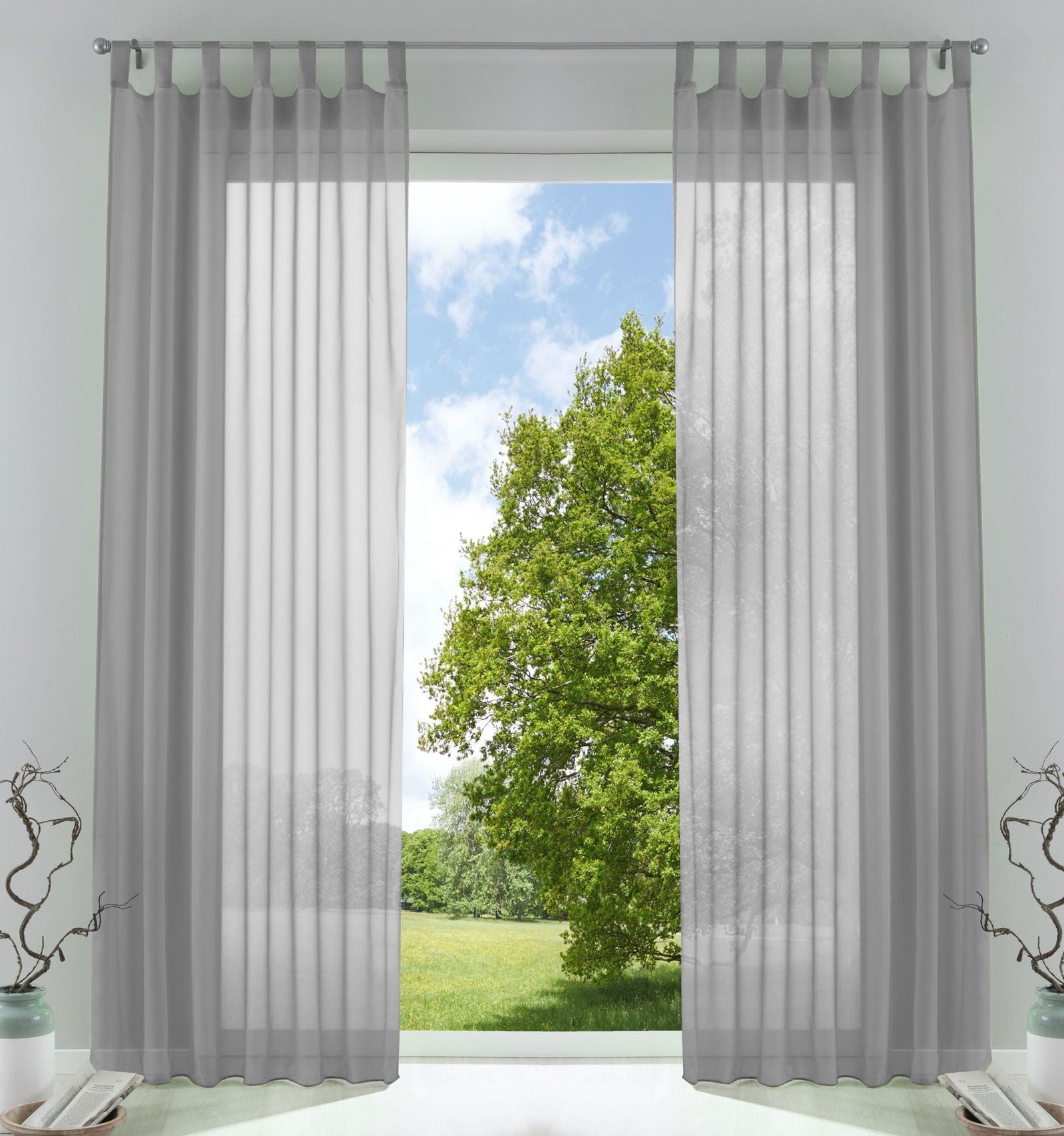 2er Pack Vorhänge Schlaufen HxB 255x140 cm Grau Uni Transparent Voile Kräuselband Schlaufenschals 202076-2