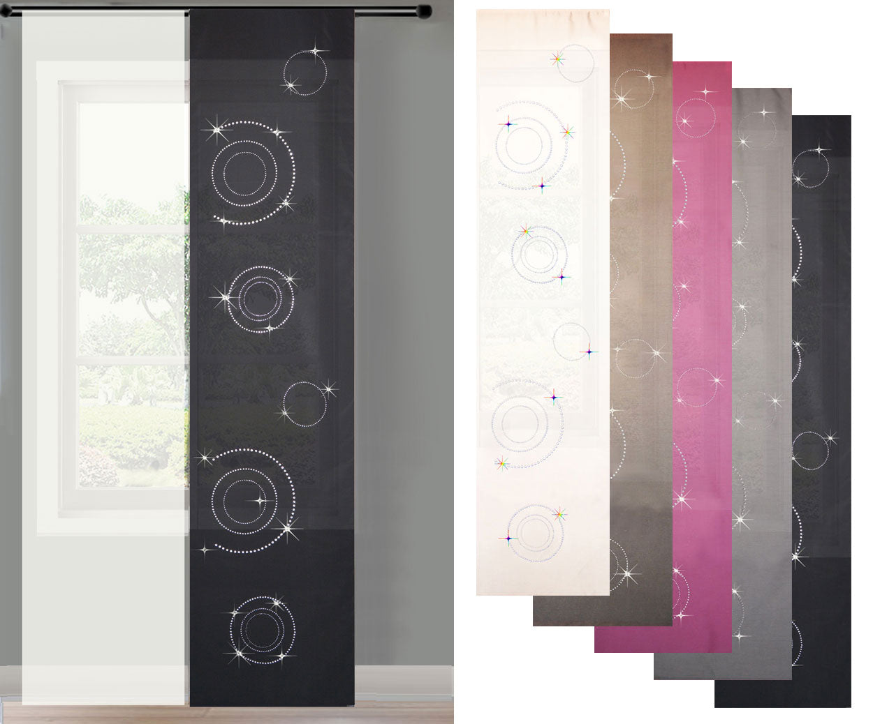 2er Set Schiebegardine Flächenvorhang Circle Strass blickdicht und Voile Paneel transparent  85625