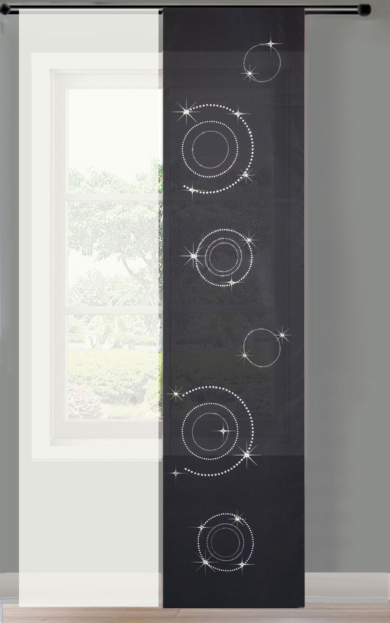 2er Set Schiebegardine Flächenvorhang Circle Strass blickdicht und Voile Paneel transparent  85625