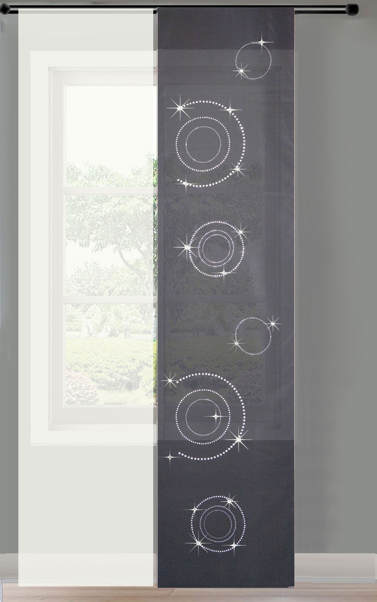 2er Set Schiebegardine Flächenvorhang Circle Strass blickdicht und Voile Paneel transparent  85625