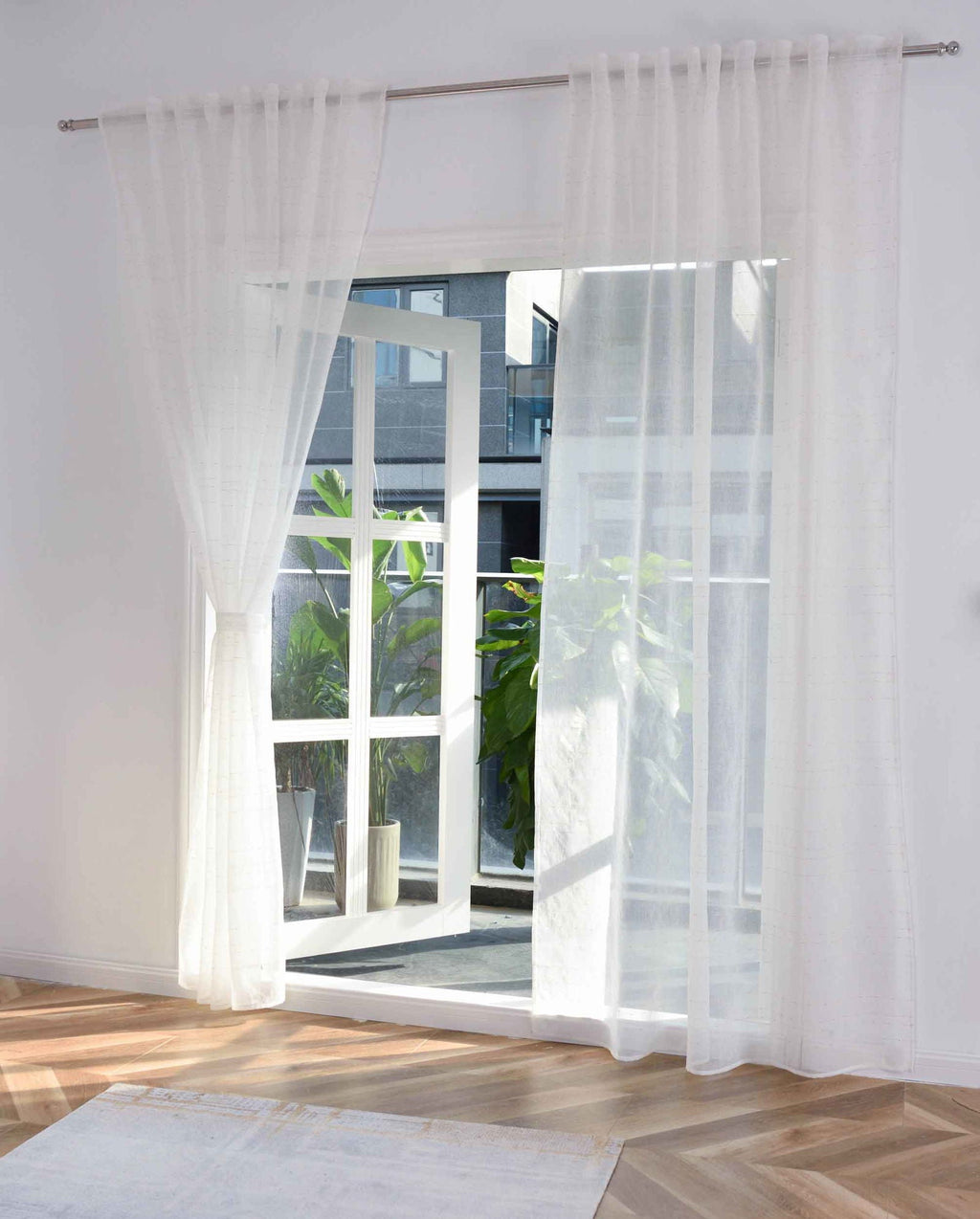 2er Set Transparente Gardine HxB 245x145 cm Weiß »DOHA« in Leinen-Optik mit Glänzendem Garn - Moderne Linien-Design, Pflegeleicht 2023490-2