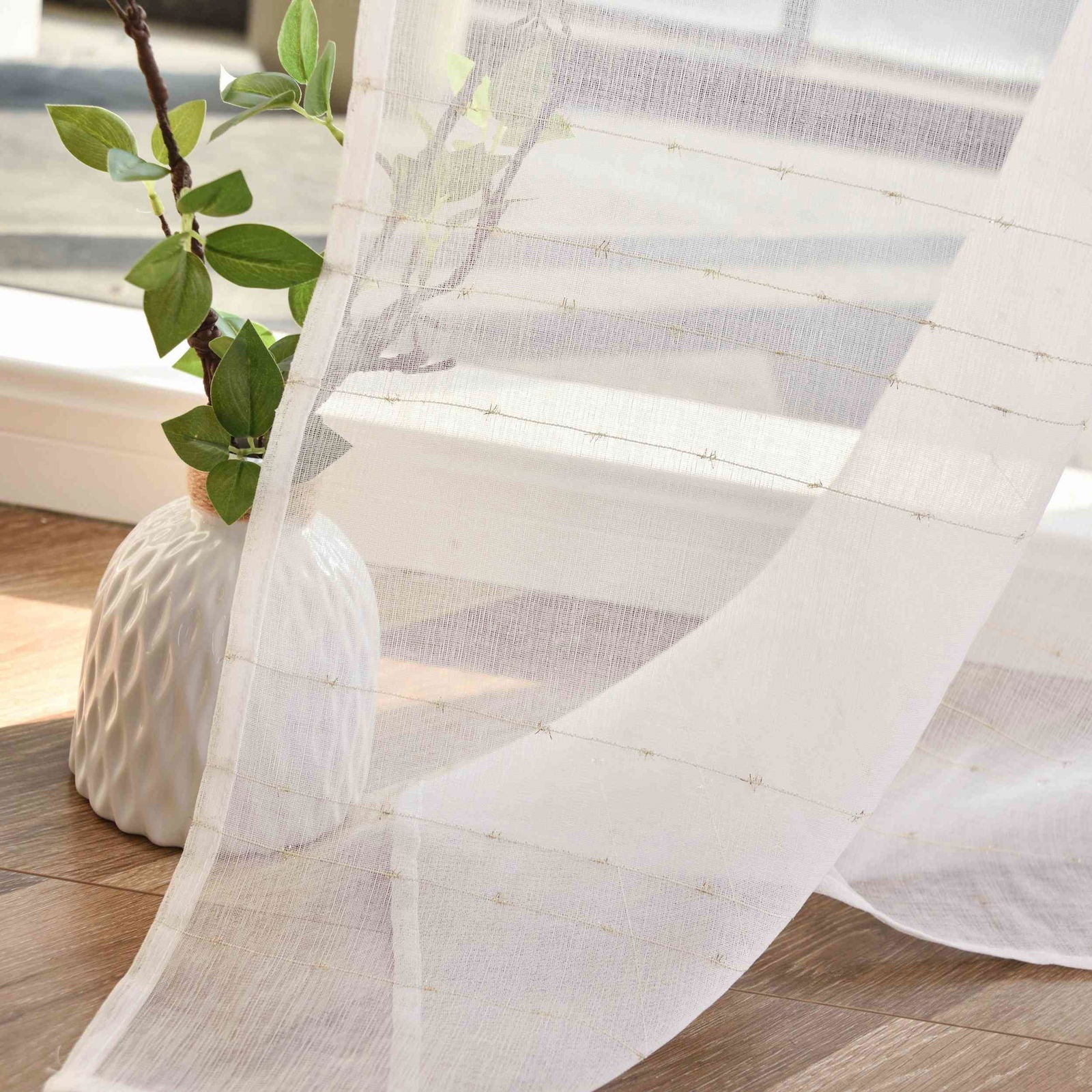 2er Set Transparente Gardine HxB 245x145 cm Weiß »DOHA« in Leinen-Optik mit Glänzendem Garn - Moderne Linien-Design, Pflegeleicht 2023490-2