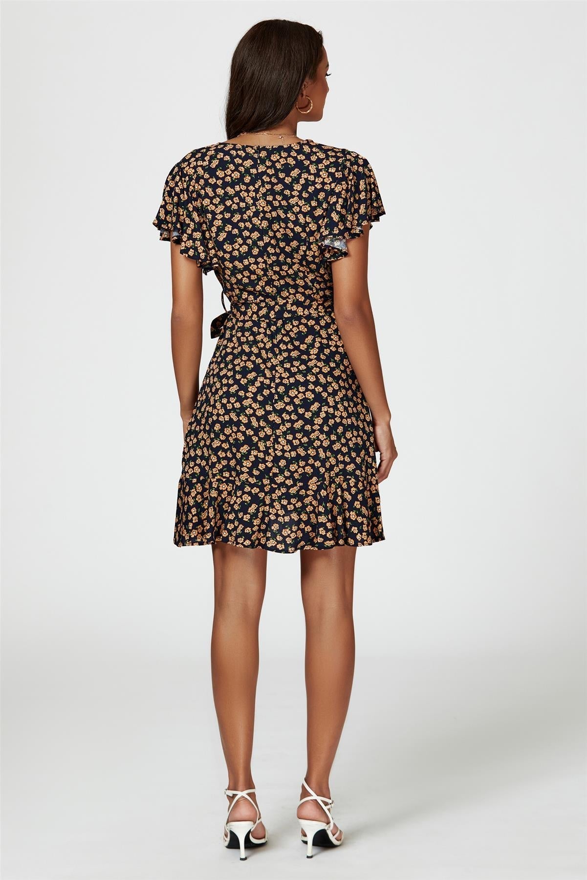 Floral Print Wrap Top Dress In Navy