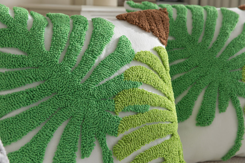 Kissenhülle  »Cottbus« LxB 45x45 cm Grün Frottee-Stickerei 100% Baumwolle Monstera Blattmuster hochwertiger Leinenstoff 202490K