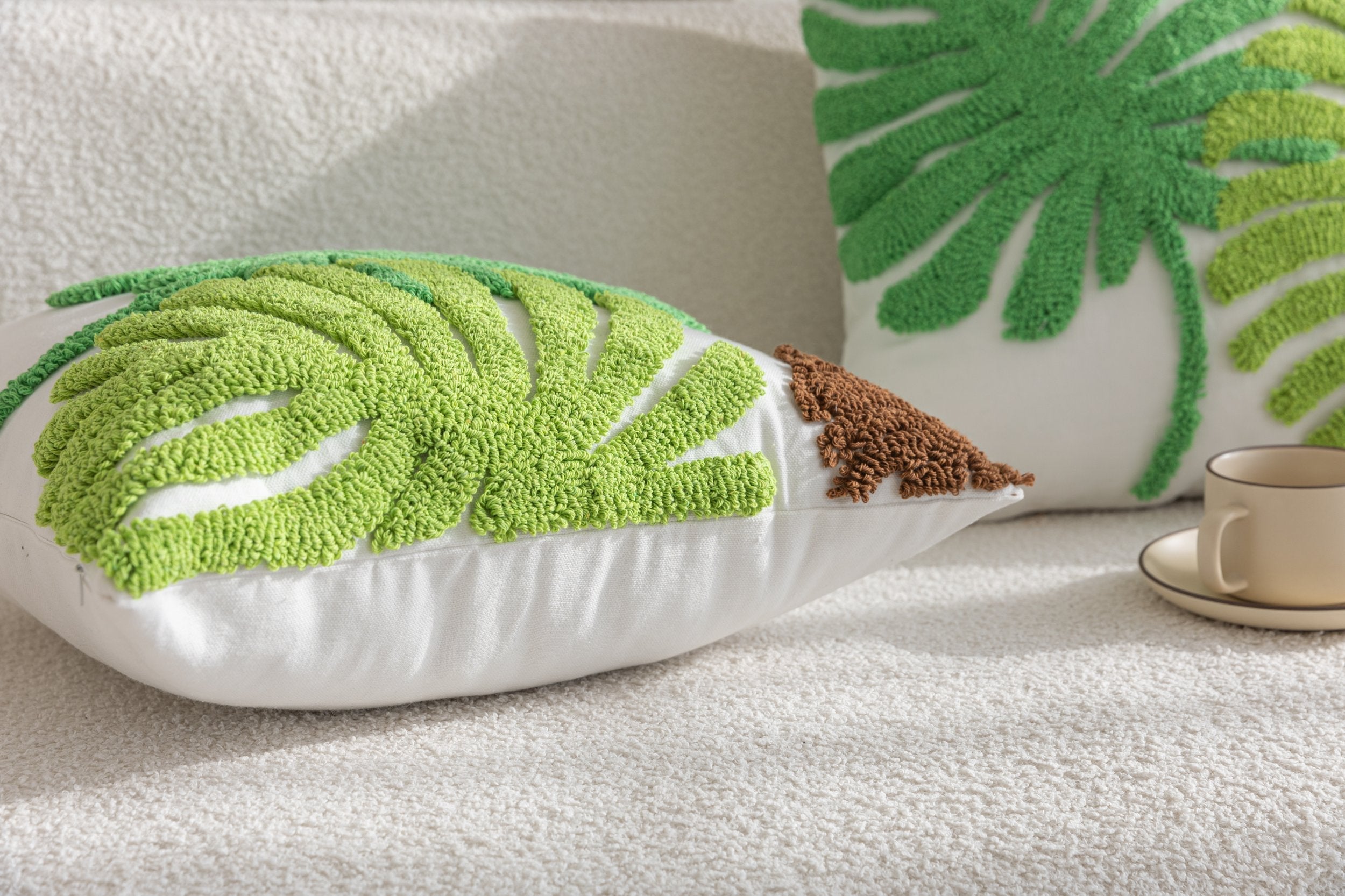 Kissenhülle  »Cottbus« LxB 45x45 cm Grün Frottee-Stickerei 100% Baumwolle Monstera Blattmuster hochwertiger Leinenstoff 202490K