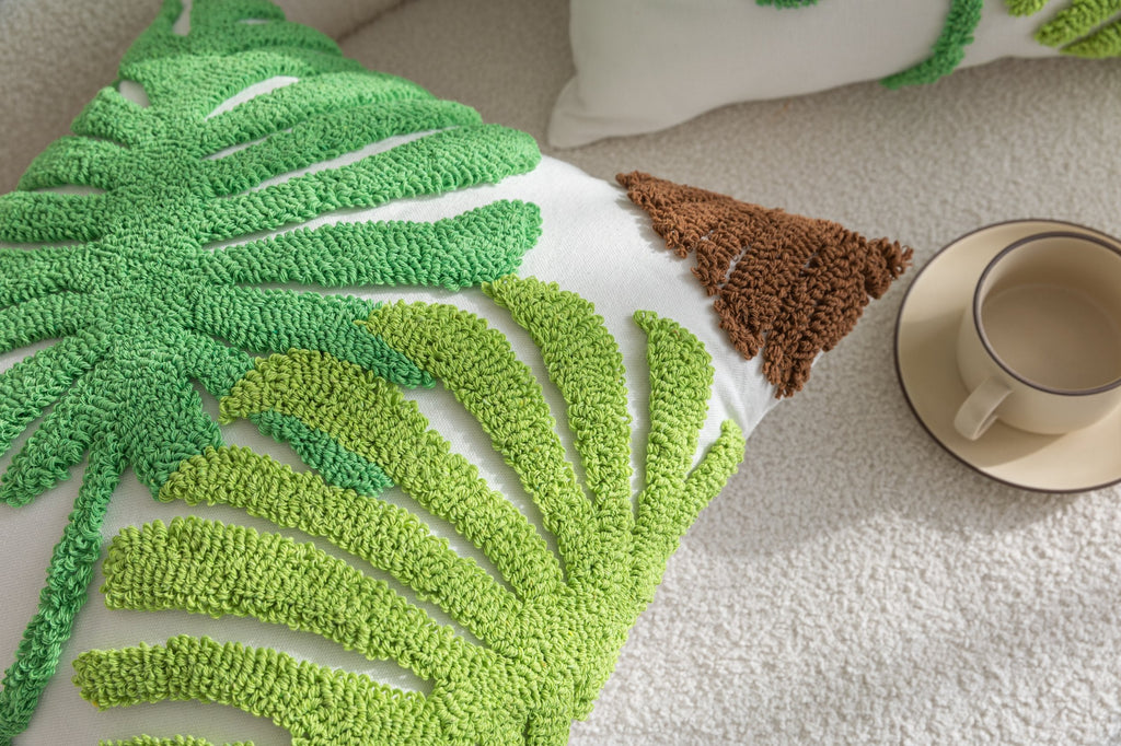 Kissenhülle  »Cottbus« LxB 45x45 cm Grün Frottee-Stickerei 100% Baumwolle Monstera Blattmuster hochwertiger Leinenstoff 202490K