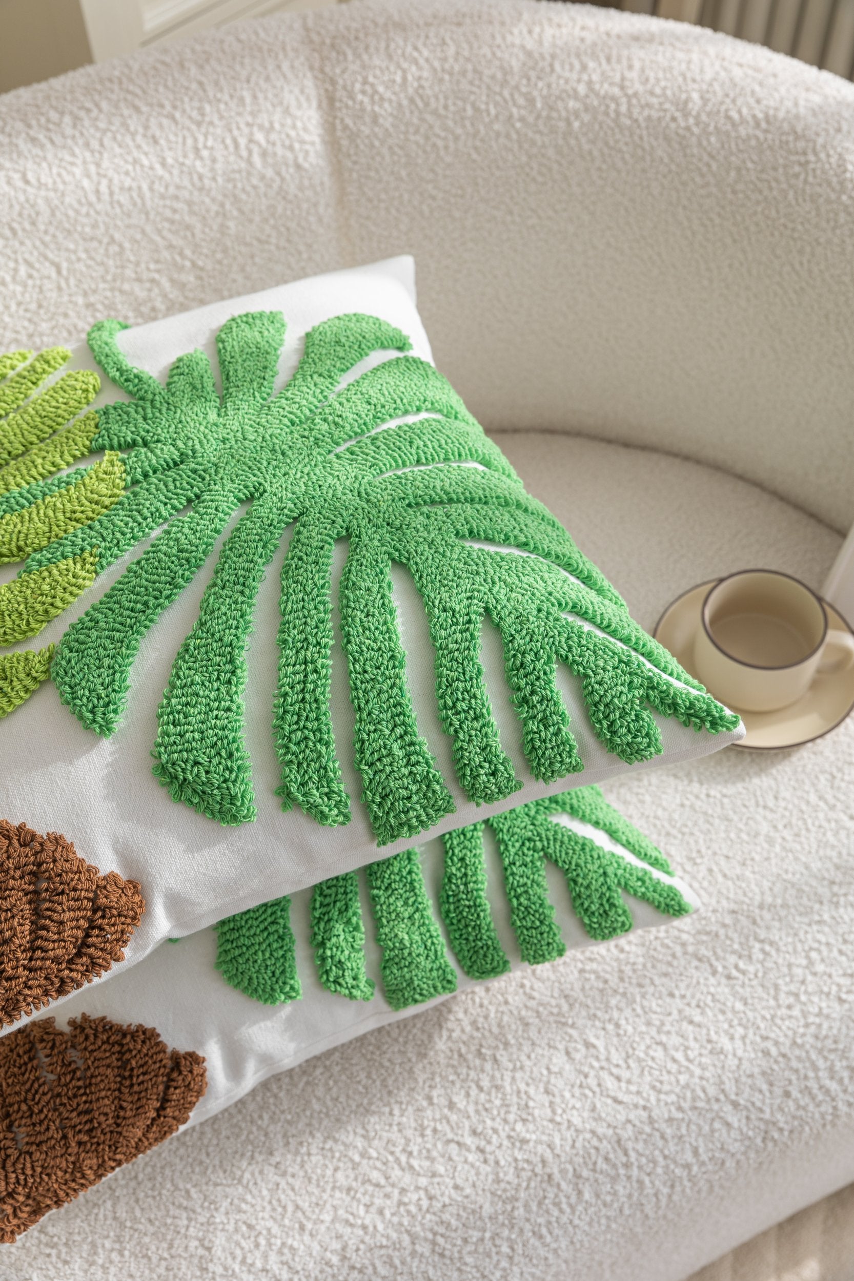 Kissenhülle  »Cottbus« LxB 45x45 cm Grün Frottee-Stickerei 100% Baumwolle Monstera Blattmuster hochwertiger Leinenstoff 202490K