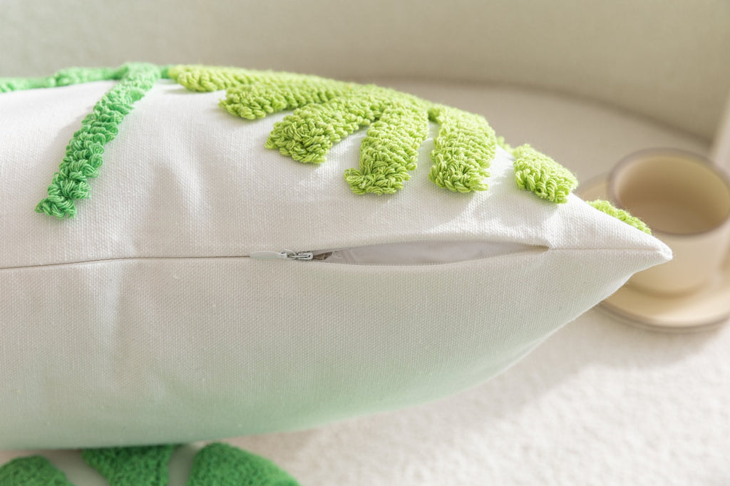 Kissenhülle  »Cottbus« LxB 45x45 cm Grün Frottee-Stickerei 100% Baumwolle Monstera Blattmuster hochwertiger Leinenstoff 202490K