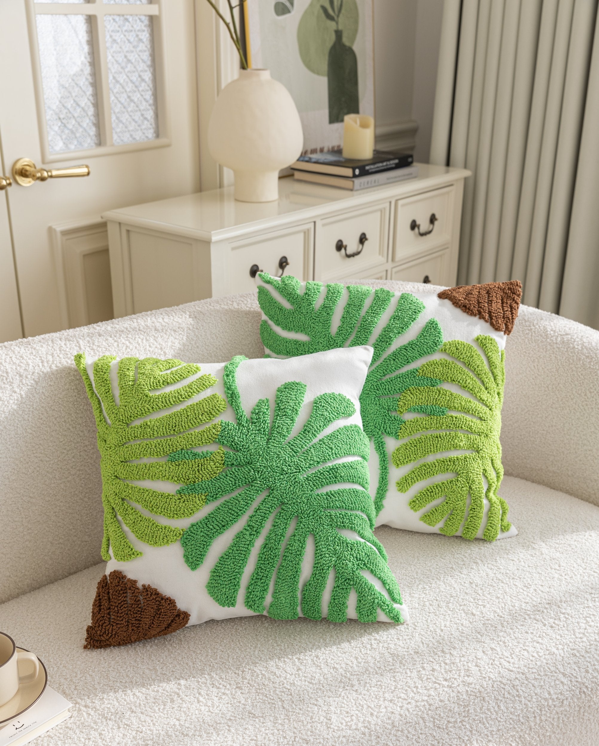 Kissenhülle  »Cottbus« LxB 45x45 cm Grün Frottee-Stickerei 100% Baumwolle Monstera Blattmuster hochwertiger Leinenstoff 202490K