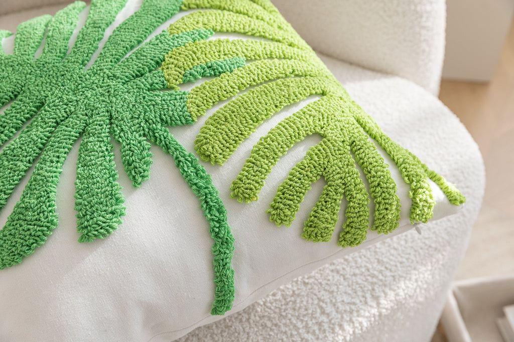 Kissenhülle  »Cottbus« LxB 45x45 cm Grün Frottee-Stickerei 100% Baumwolle Monstera Blattmuster hochwertiger Leinenstoff 202490K