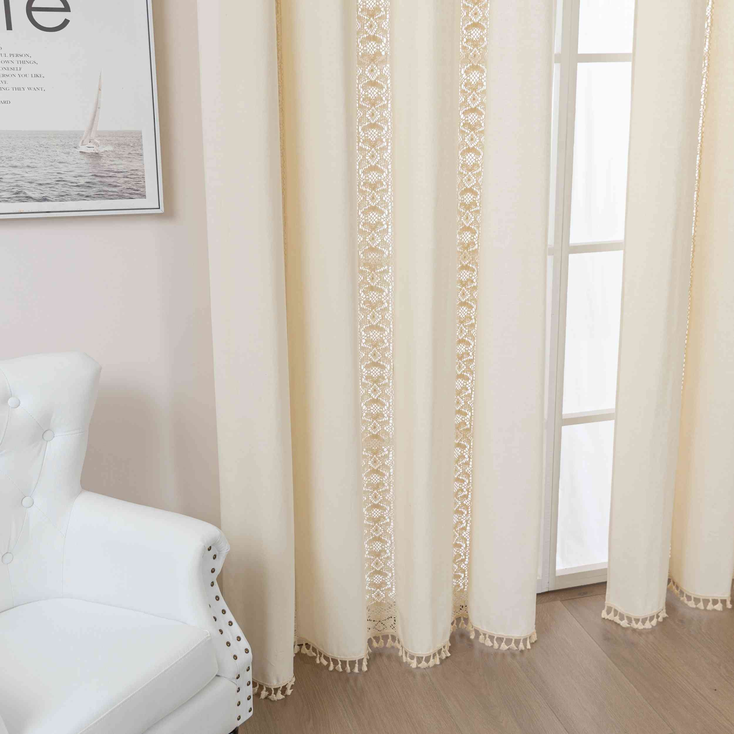 2er Set Vorhang Ösen »Osaka« HxB 245x140 cm Creme 100% Baumwolle Linenlook Makrameespitze Bommeln Raffhalter Gardinen