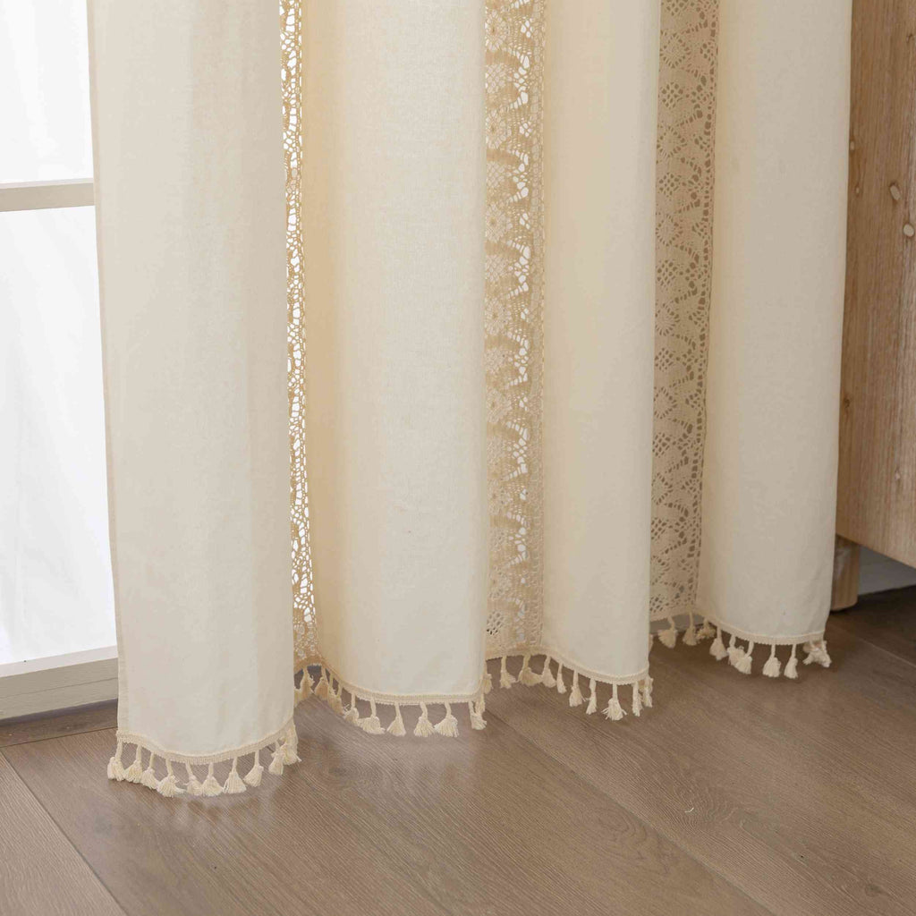 2er Set Vorhang Ösen »Osaka« HxB 245x140 cm Creme 100% Baumwolle Linenlook Makrameespitze Bommeln Raffhalter Gardinen